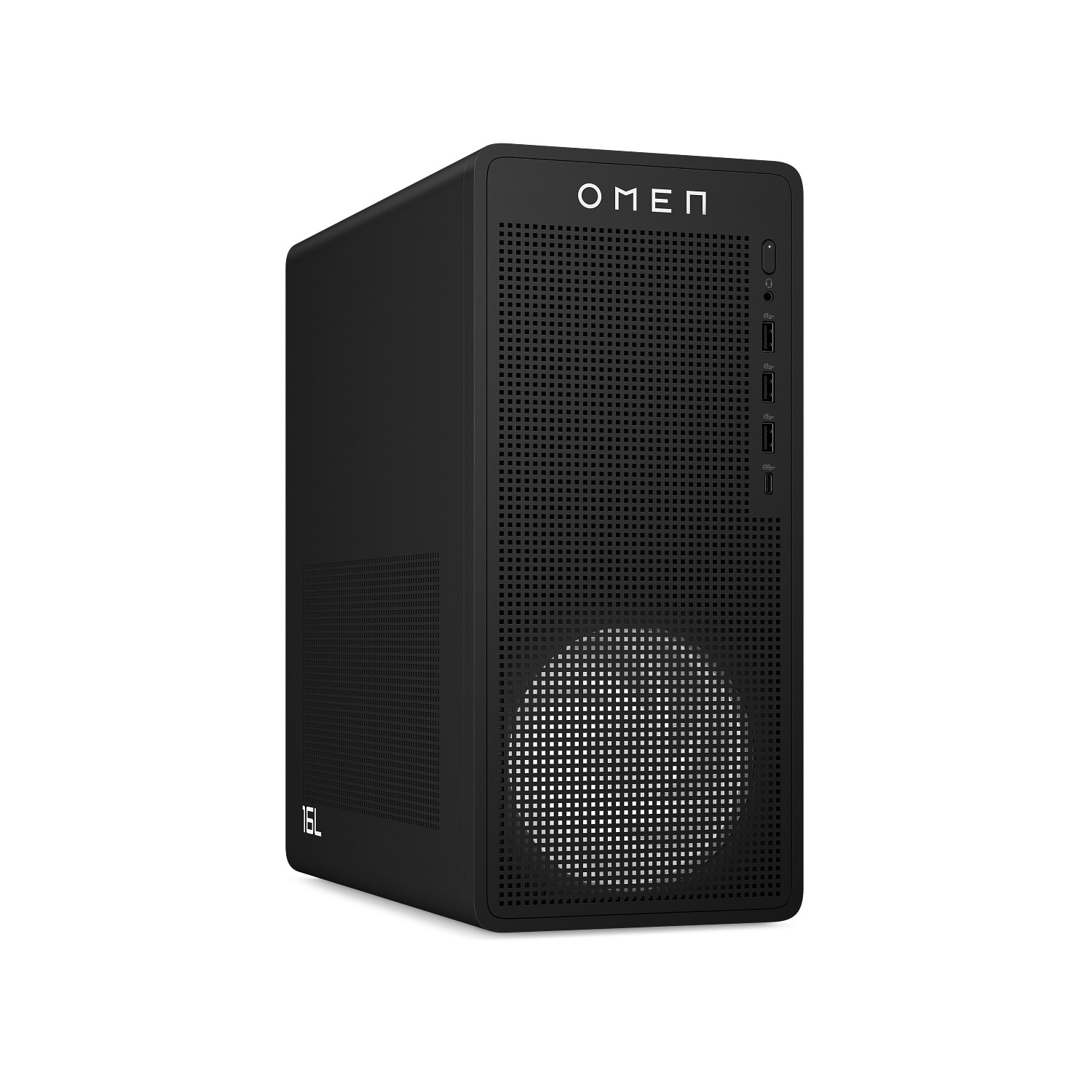 Escritorio de juegos HP Omen negro con panel frontal de malla y ventilador blanco sobre fondo blanco.