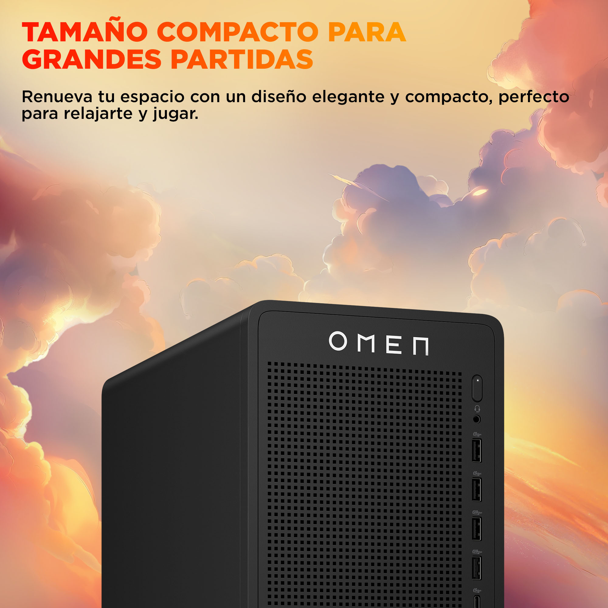 Torre de PC Omen negra sobre un fondo de cielo con nubes al atardecer.