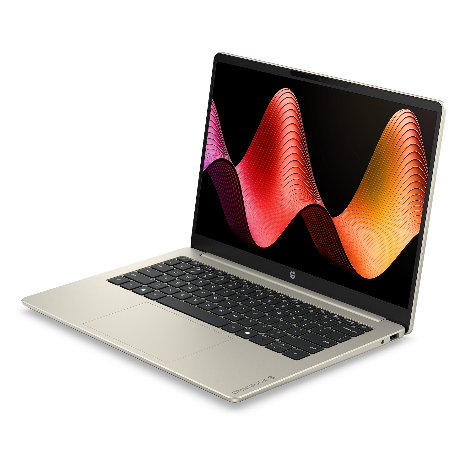Un portátil HP OmniBook 3 dorado abierto sobre fondo blanco con un patrón de ondas rojas y naranjas en la pantalla.