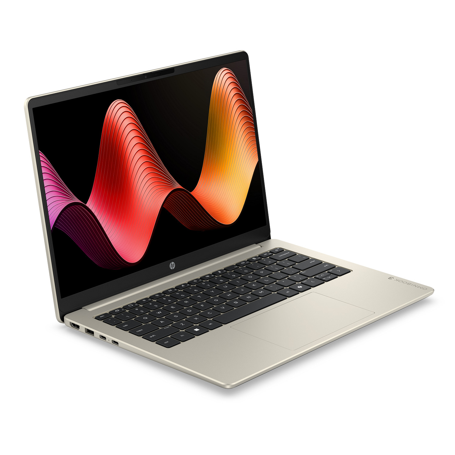 Una laptop HP plateada abierta muestra un fondo de pantalla abstracto de ondas rojas y naranjas.