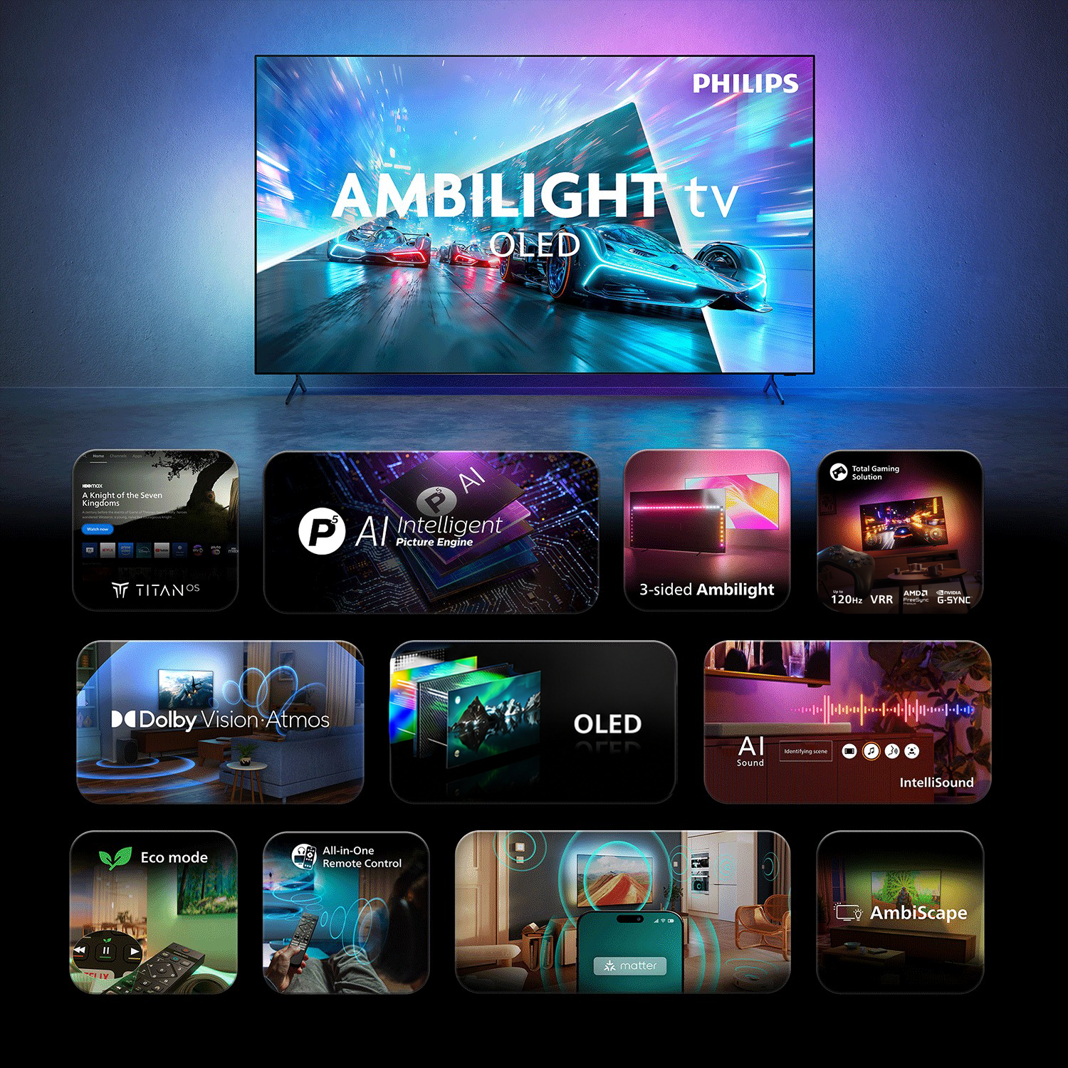 TV Philips Ambilight OLED con funciones como motor IA, Dolby Vision, soporte para juegos y control de hogar inteligente.