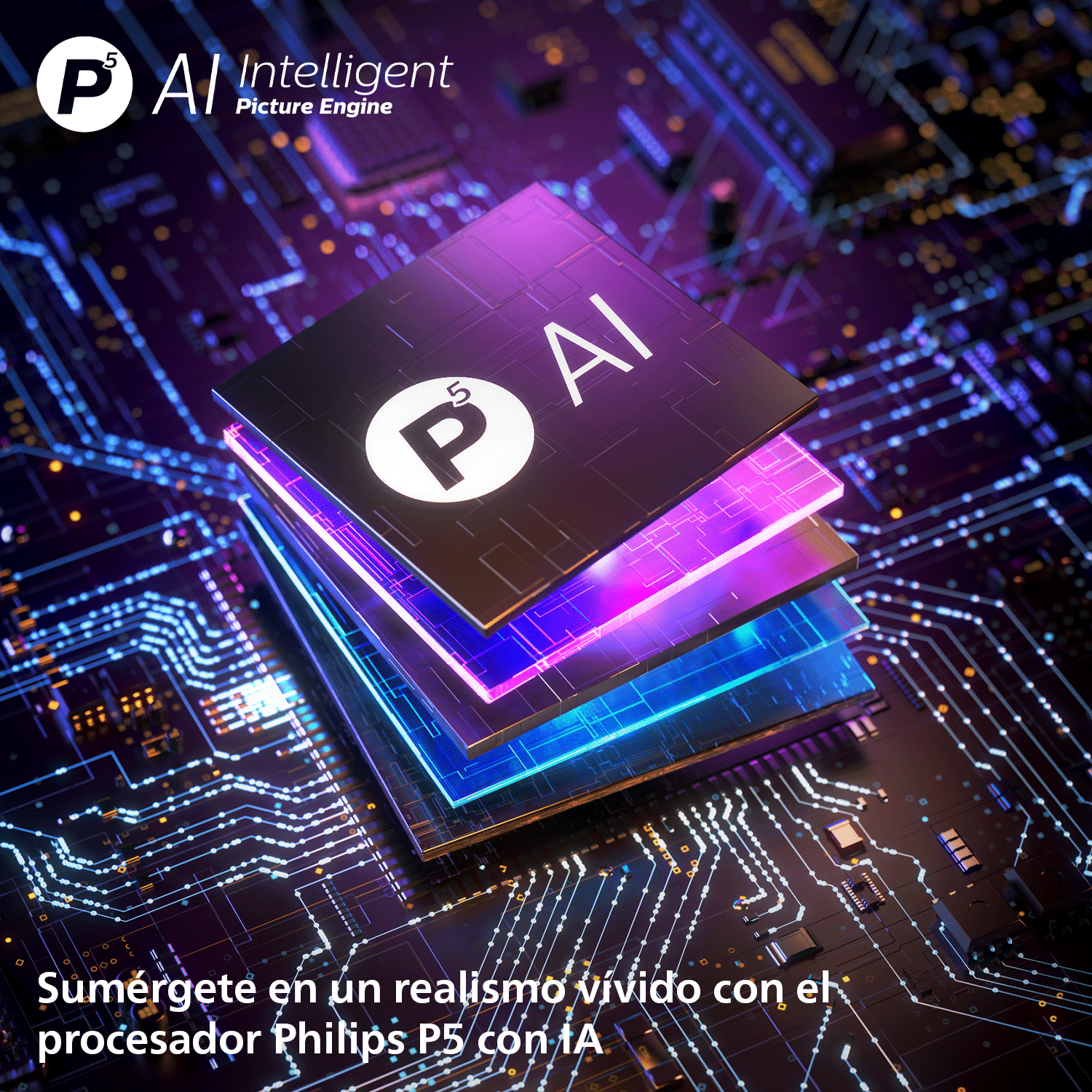 Un chip procesador de IA brillante con luz de neón en un circuito impreso con texto.
