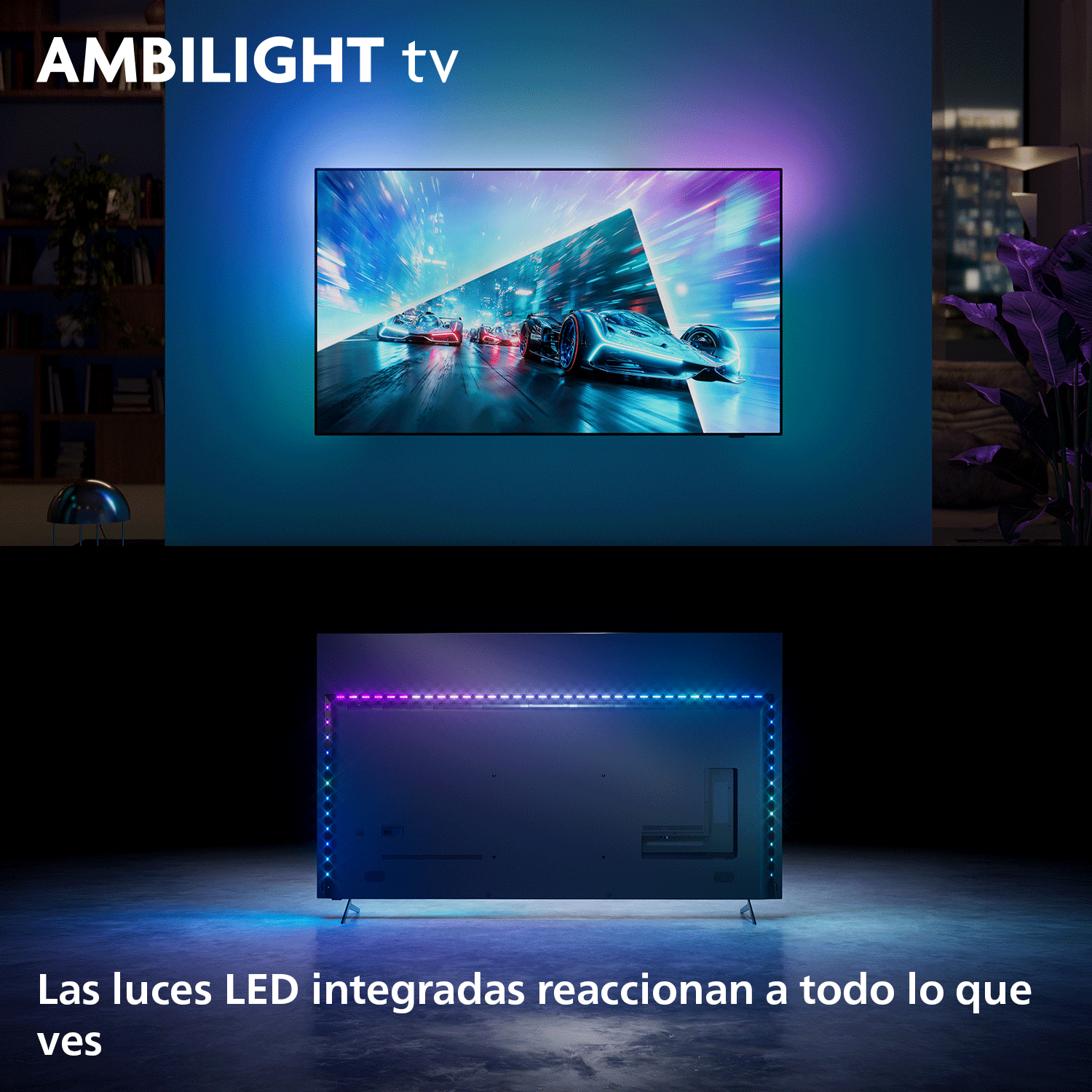 Televisor Ambilight que muestra una escena de carreras futurista con luces LED brillantes en la pared trasera.