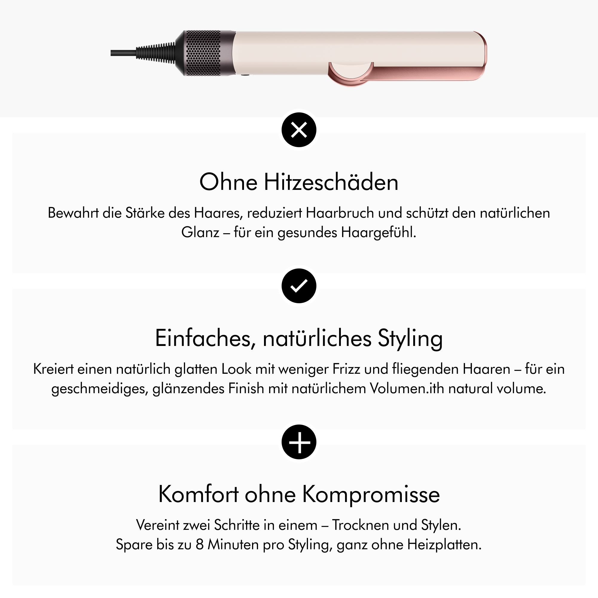 Dyson Haarglätter und drei Textabschnitte mit Produktvorteilen wie Hitzeschutz und Styling.