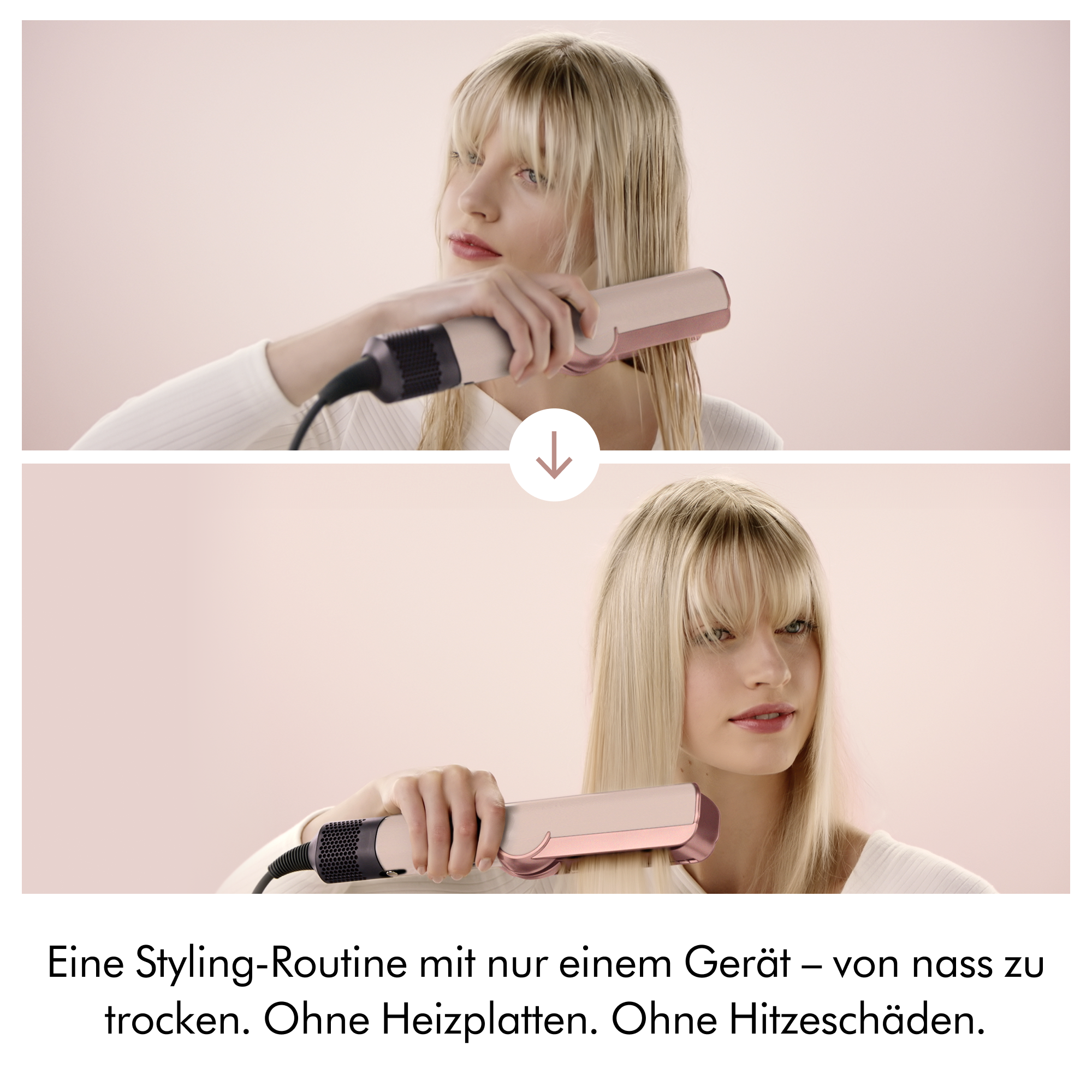 Eine blonde Frau nutzt ein modernes, rosé-weisses Haargerät zum Nass-und-Trocken-Styling vor hellem Hintergrund.