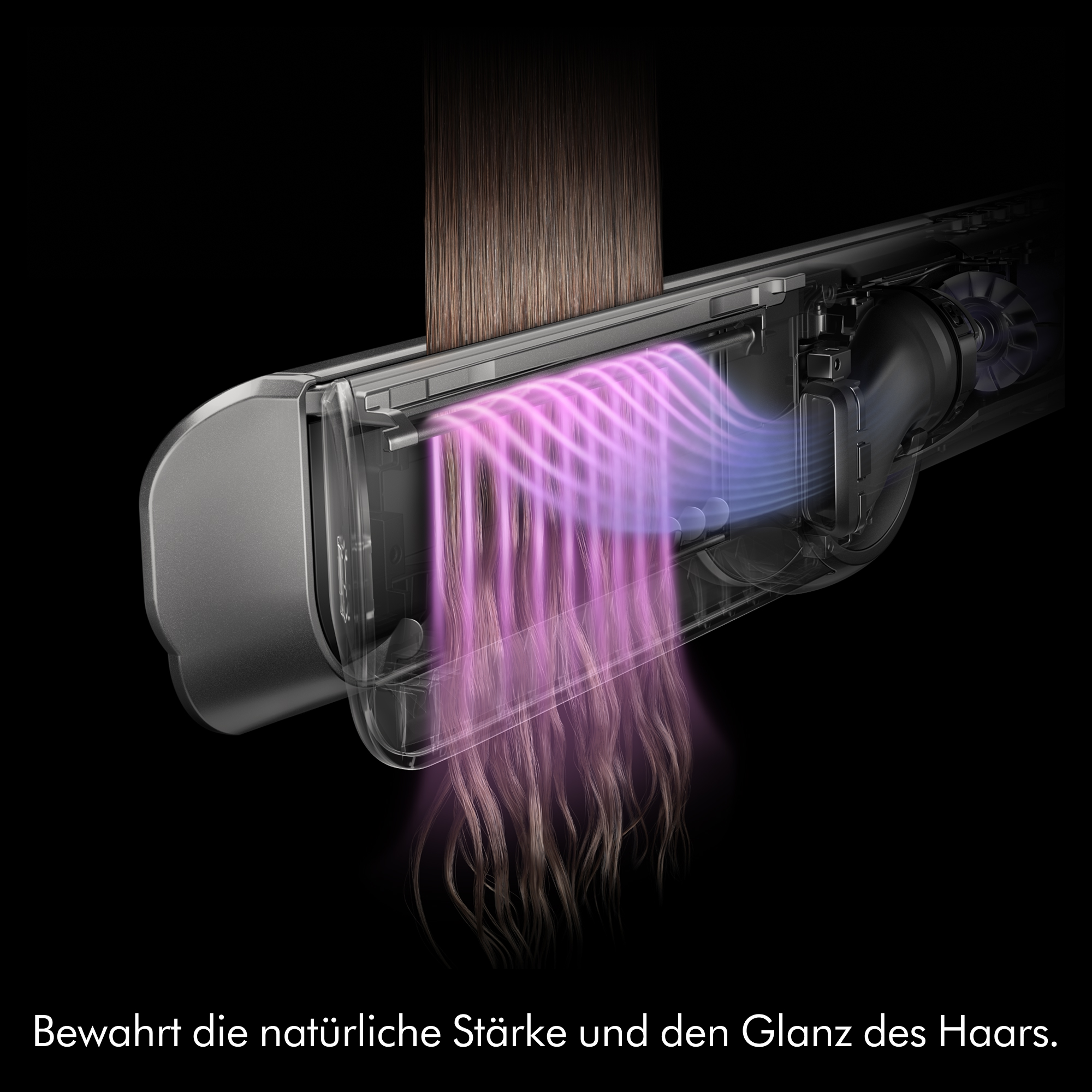 Ein Schnitt durch ein Haartool zeigt violette Luftströme, die durch glattes Haar strömen.