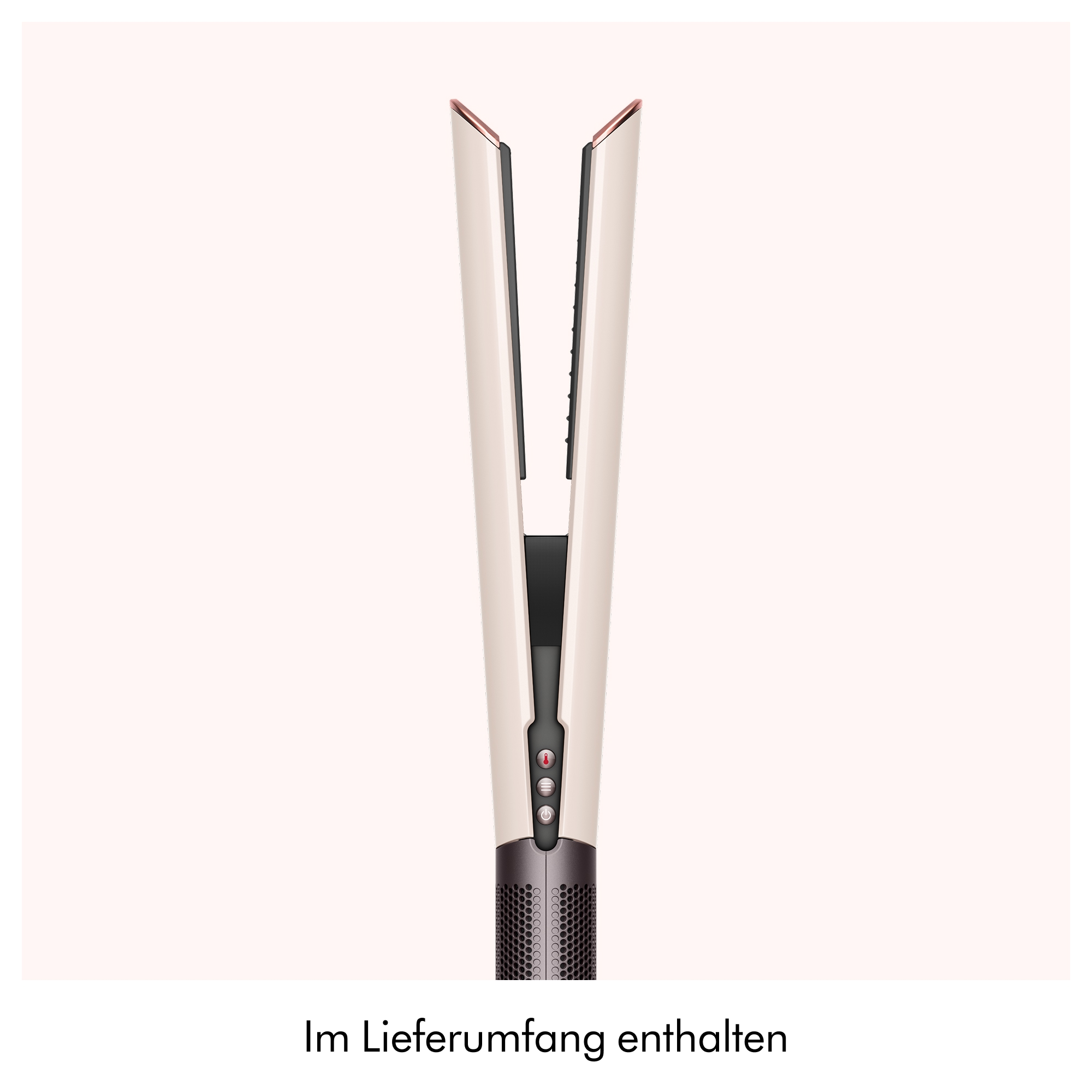 Ein beiges Haarstyling-Gerät mit offenen Platten und Bedienelementen auf einem hellen Hintergrund.