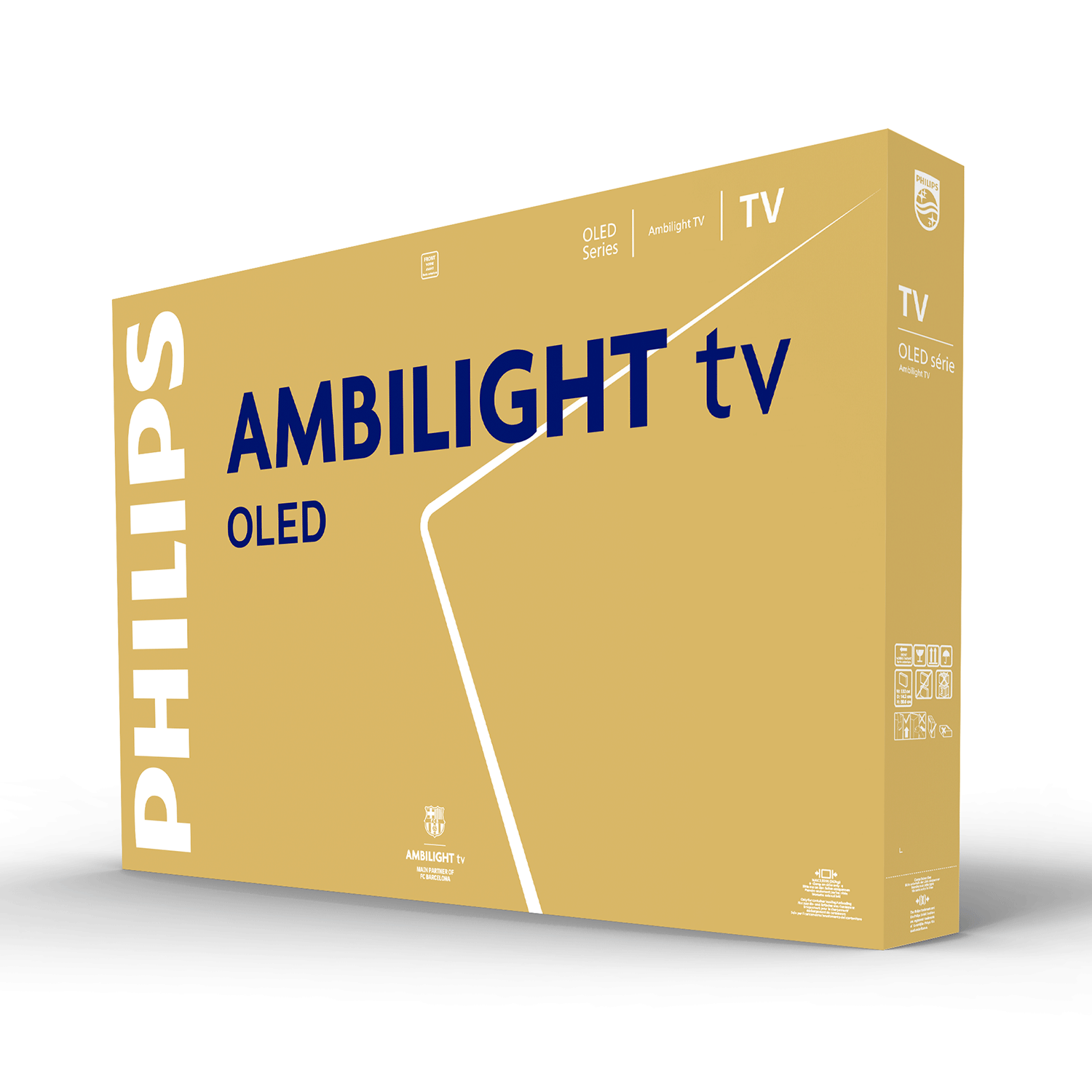 Caja amarilla de un televisor Philips Ambilight OLED con texto azul y logo blanco.