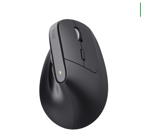 Kaydırma tekerlekli, yan tuşlu ve yeşil ışıklı siyah ergonomik kablosuz dikey fare.