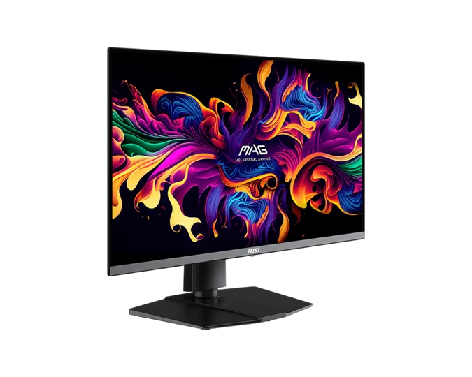 Un monitor de juegos MSI con bisel delgado muestra un fondo de pantalla abstracto y colorido sobre fondo negro.