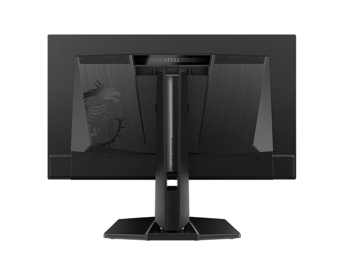 Vista trasera de un monitor MSI negro con un logo de dragón a la izquierda y un soporte resistente.