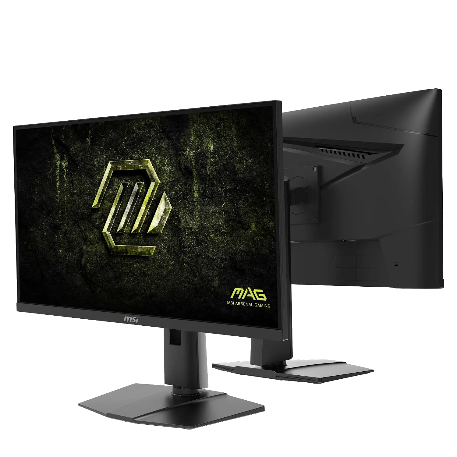 Dos monitores de juego MSI MAG negros sobre fondo oscuro, mostrando la pantalla frontal y la carcasa trasera.