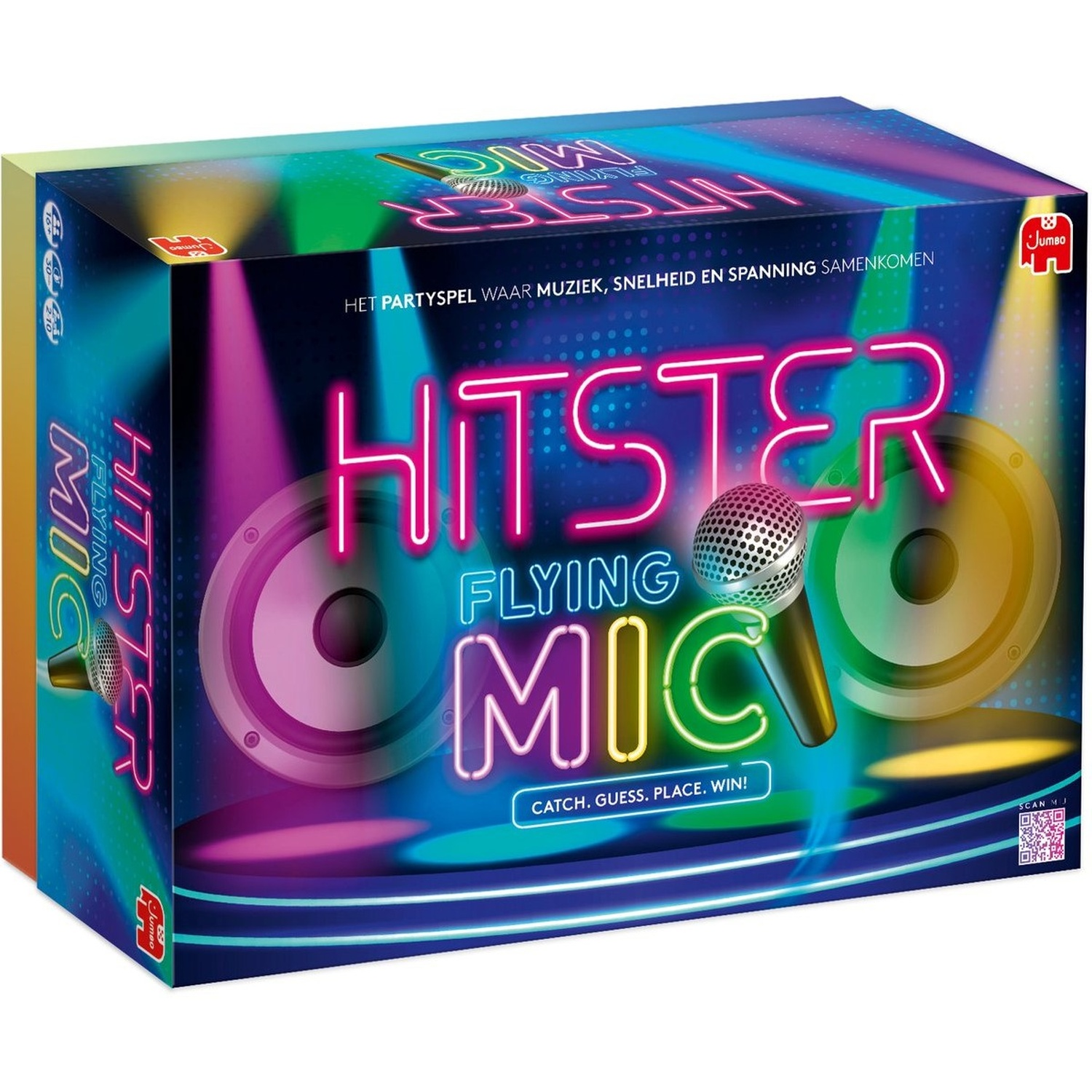 Hitster Flying Mic bordspeldoos met gloeiende neontekst, een microfoon en speakers.
