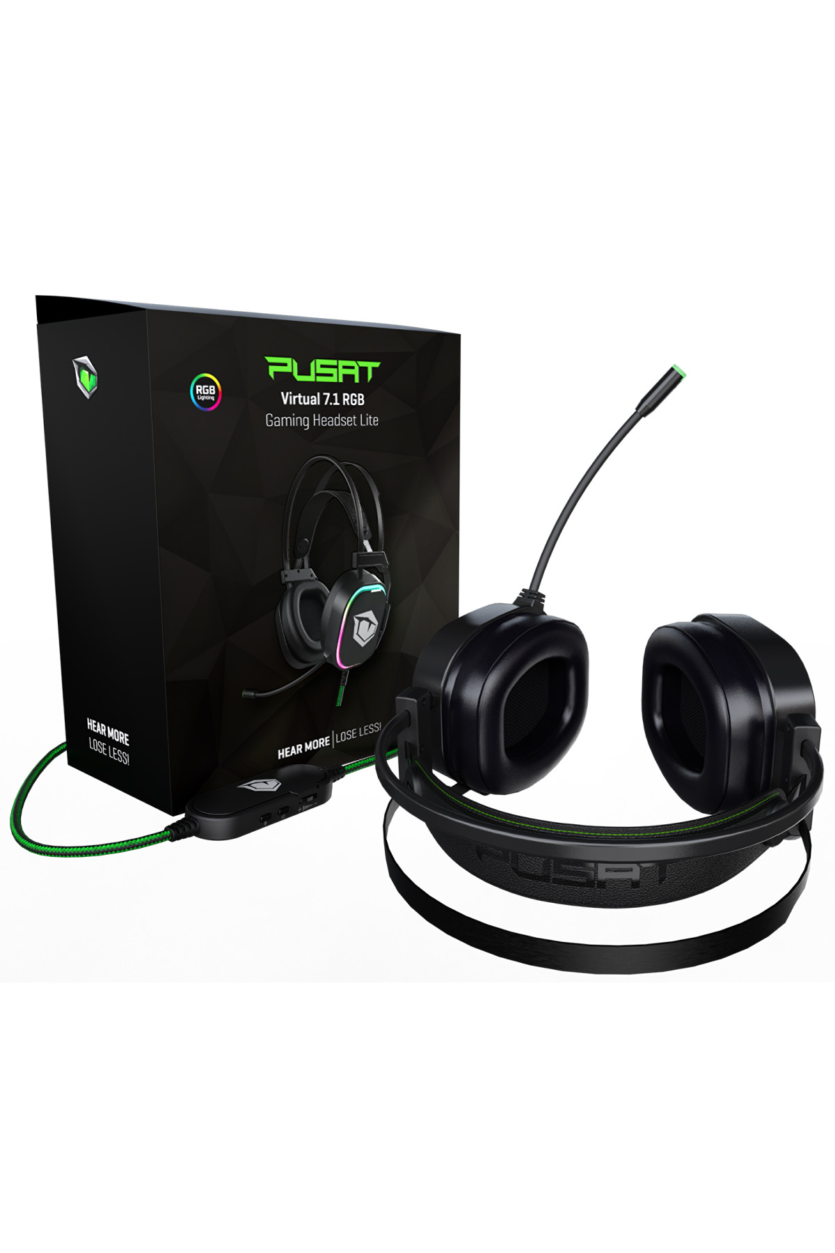 Mikrofonlu siyah Pusat Virtual 7.1 RGB oyuncu kulaklığı ve yanında orijinal kutusu.