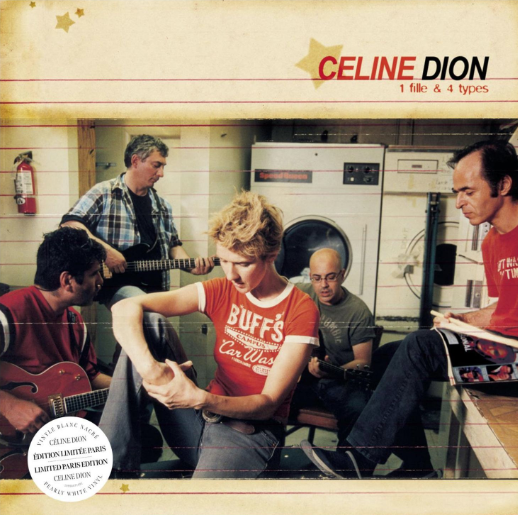 Celine Dion sitzt umgeben von vier Musikern in einem Waschsalon, im Hintergrund Text mit dem Namen Celine Dion.