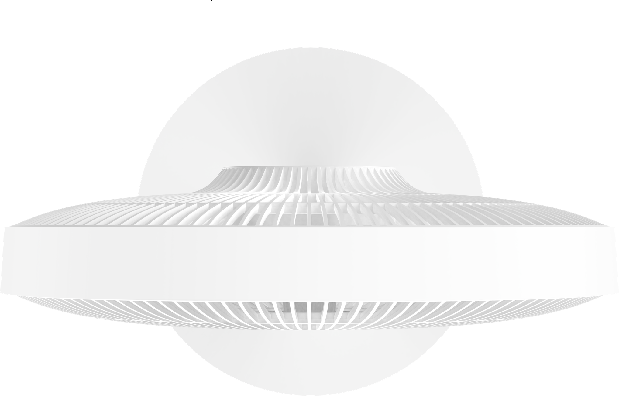 Egy fehér, UFO alakú mennyezeti lámpa lamellás szerkezettel fekete háttér előtt.