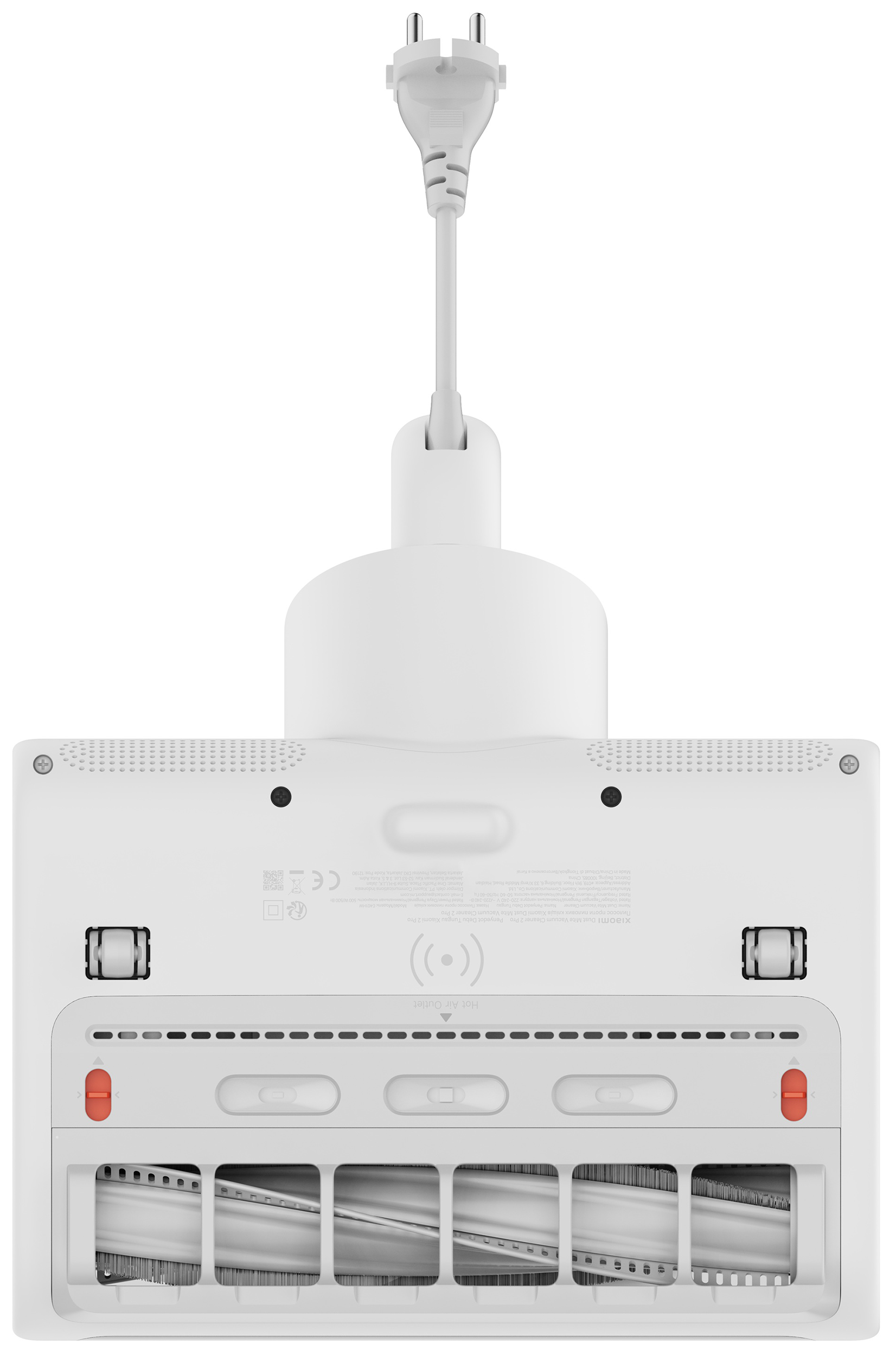 Egy fehér Xiaomi atkátlanító porszívó alja hengerkefével és csatlakoztatott tápkábellel.