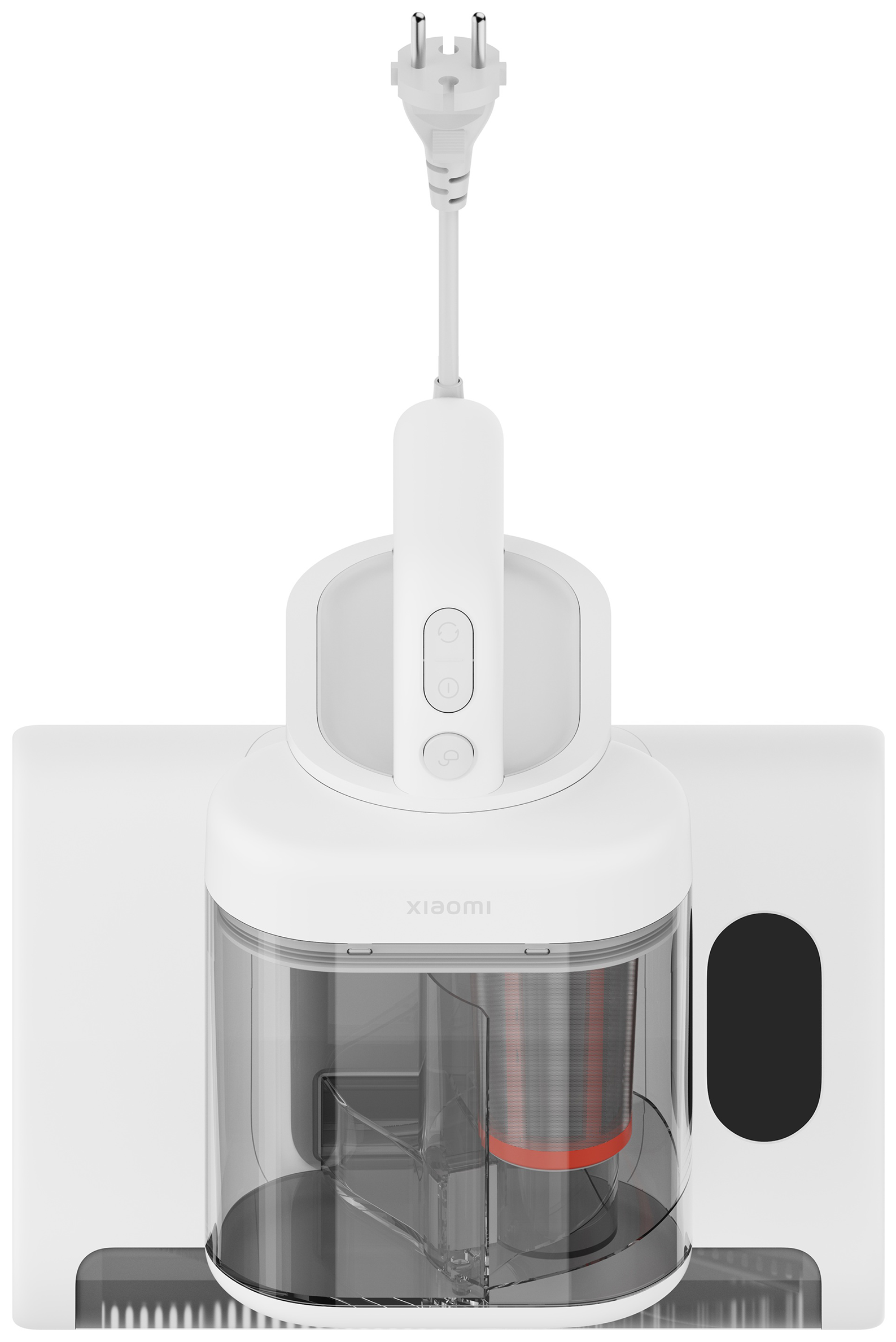 Egy fehér Xiaomi töltődokkoló kábellel és dugóval fekete háttér előtt.