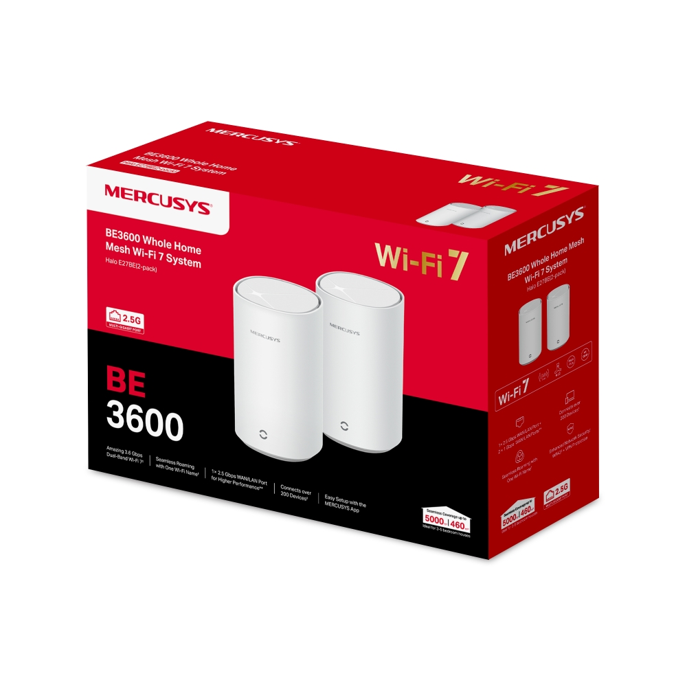 İki beyaz yönlendiricili Mercusys BE3600 Mesh Wi-Fi 7 Sistemi için kırmızı ve siyah kutu.