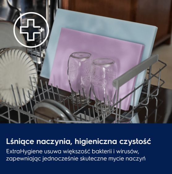 Kosz zmywarki mieści dwa szklane kubki, deski do krojenia, talerze i ikonę higieny.