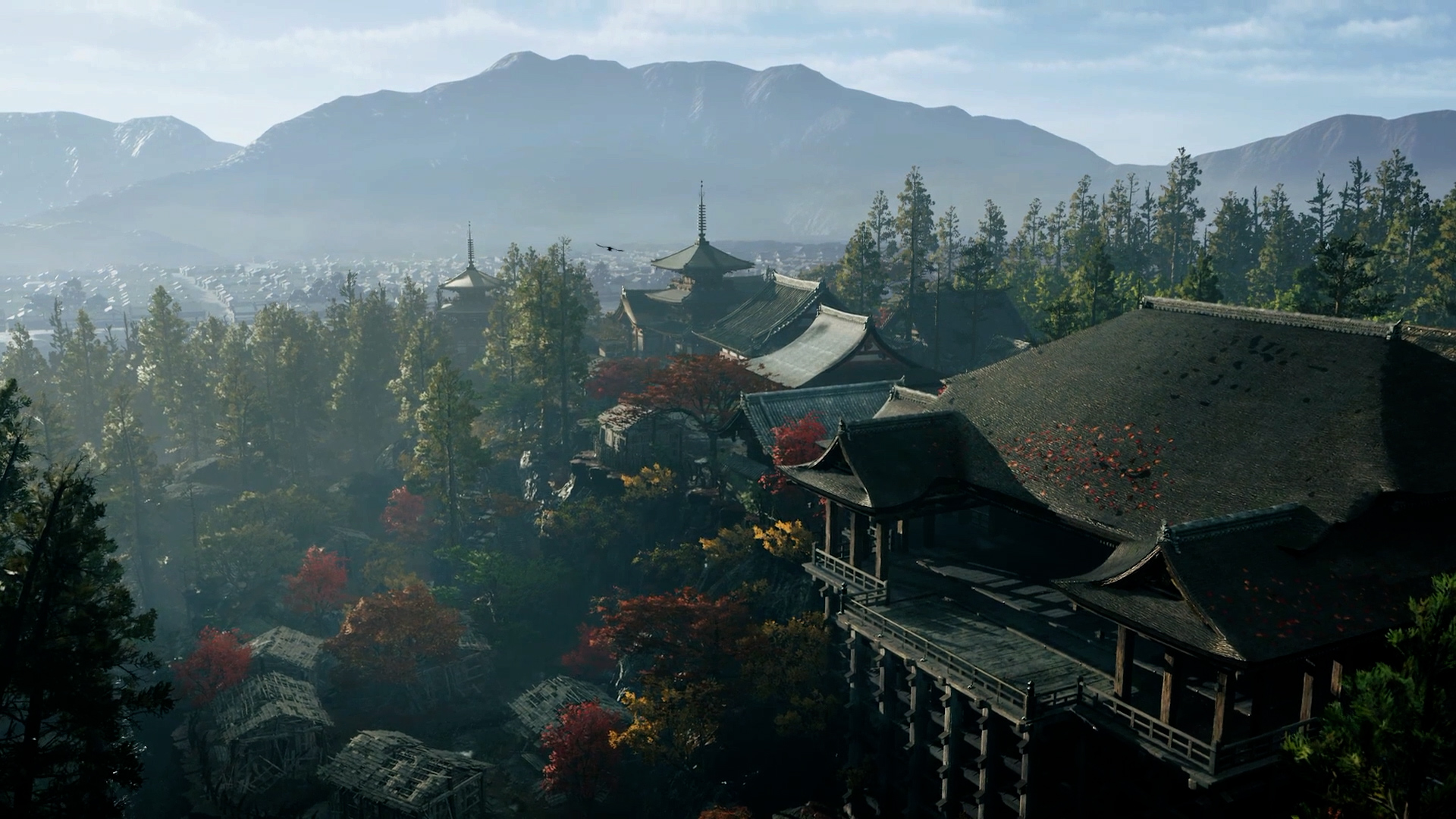 Temples japonais traditionnels nichés dans des forêts luxuriantes avec des montagnes en arrière-plan.