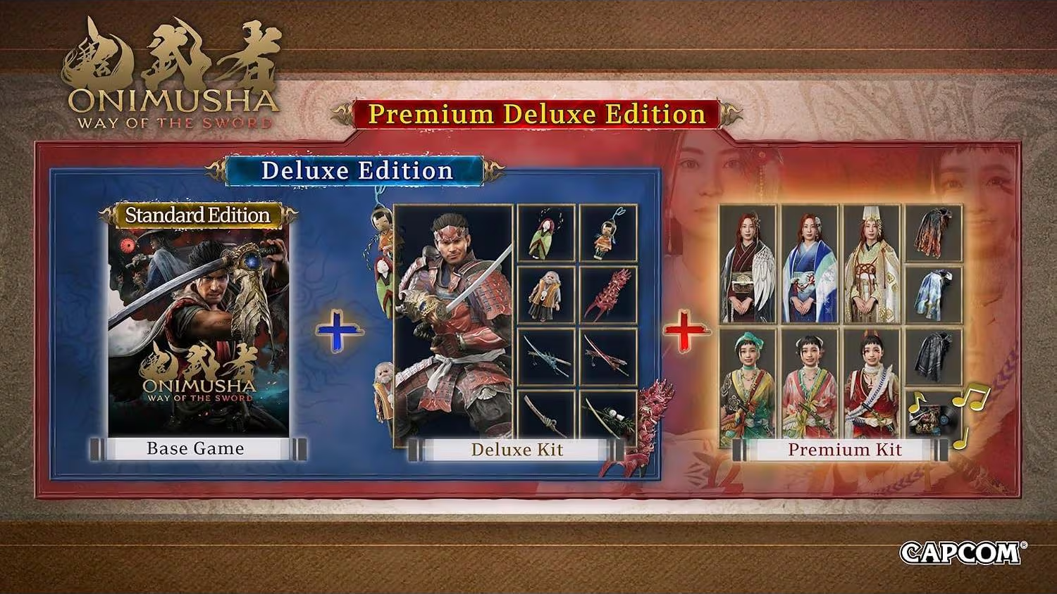Onimusha Way of the Sword Premium Deluxe Edition affiche le jeu de base, Deluxe Kit et Premium Kit avec des personnages.
