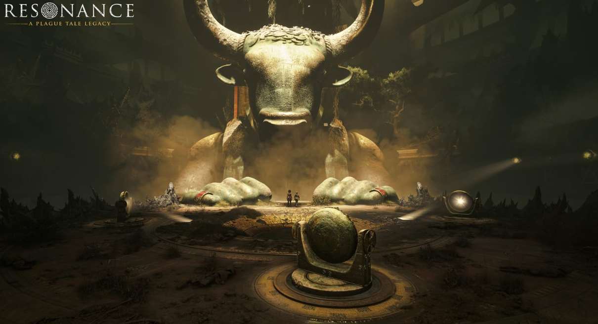 Zwei kleine Figuren stehen in einer düsteren Halle vor einer riesigen, goldenen Stier-Statue.