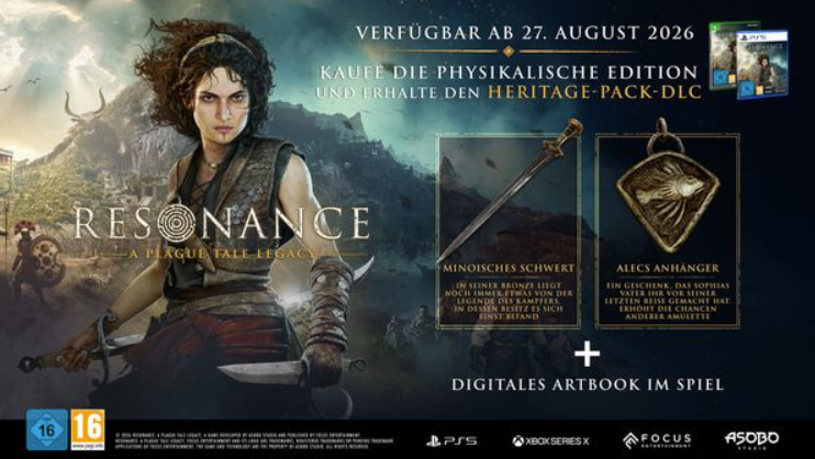Werbebild für das Videospiel Resonance, das eine Kriegerin und Vorbesteller-Boni zeigt.