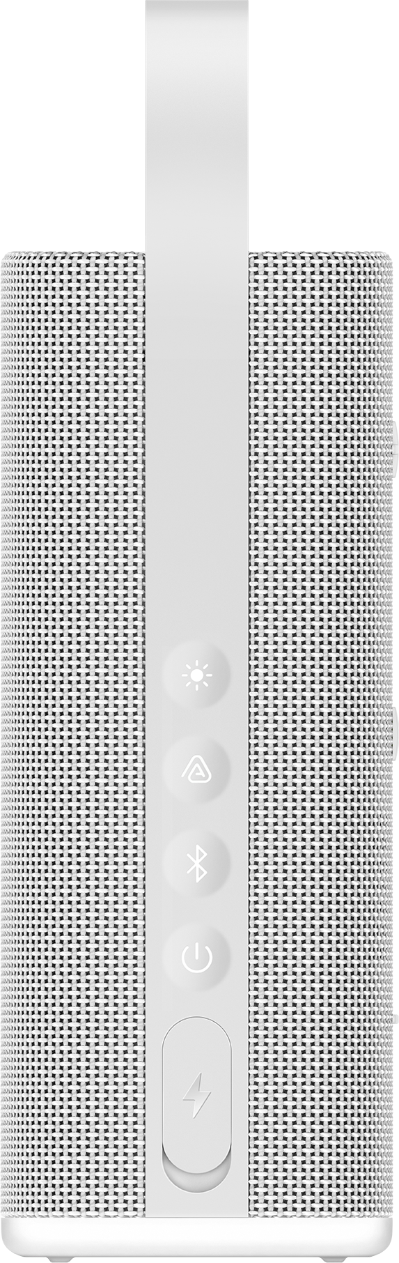 Egy fehér hordozható hangszóró hálós szövettel és vezérlőgombok függőleges sávjával.