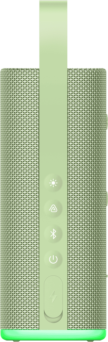 Egy zöld Bluetooth hangszóró beépített pánttal, vezérlőgombokkal és világító alappal.