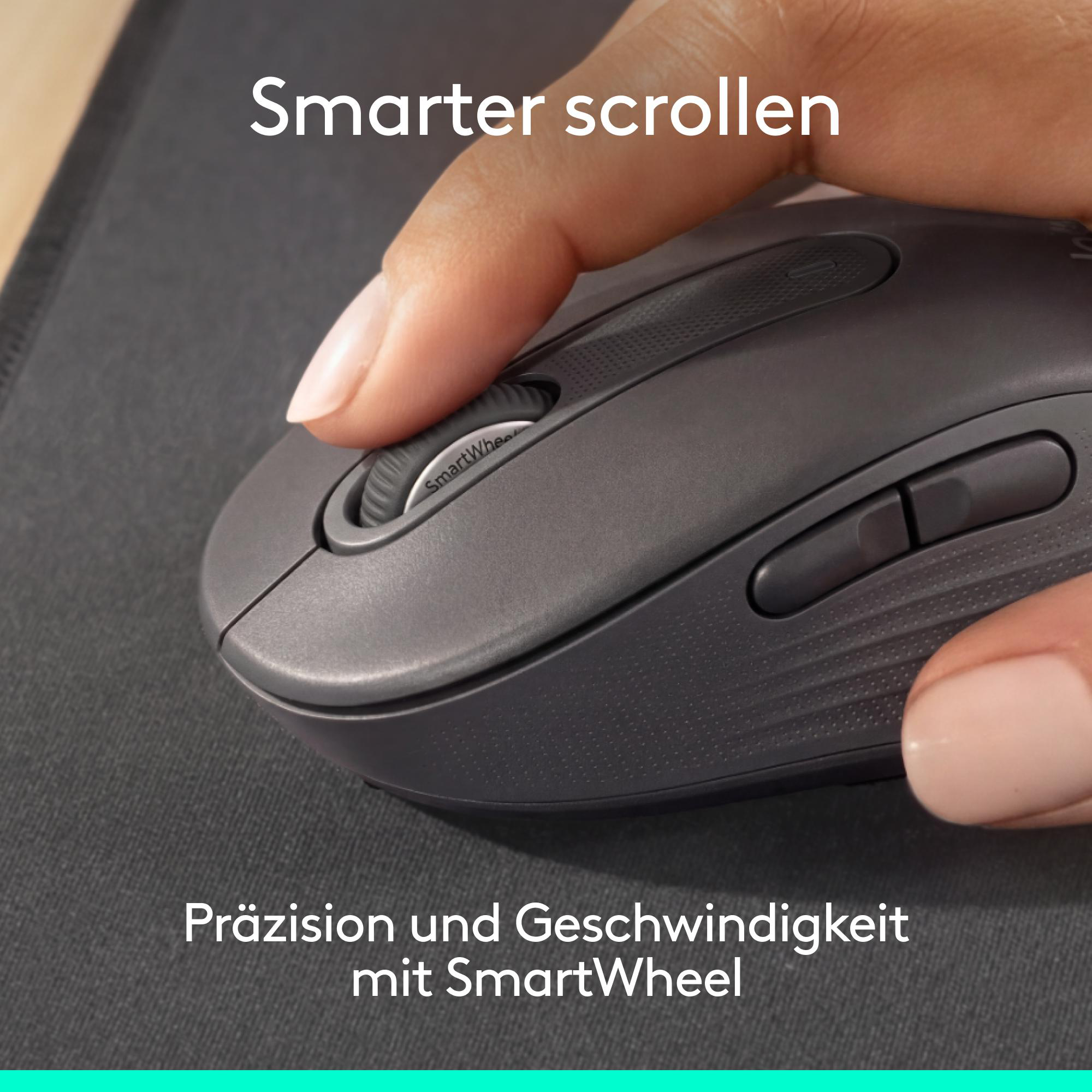 Eine Hand scrollt mit dem SmartWheel auf einer grauen Computermaus.