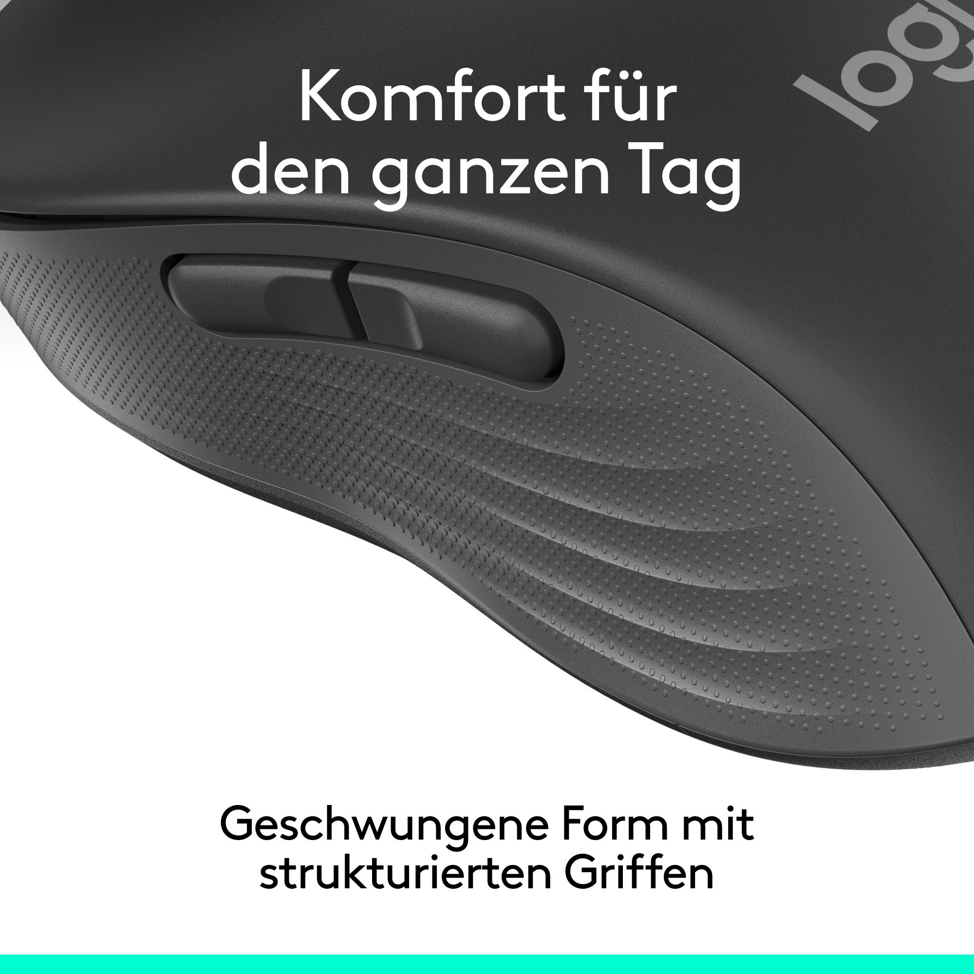 Nahaufnahme einer schwarzen Computermaus mit strukturiertem Griff und zwei Daumentasten.