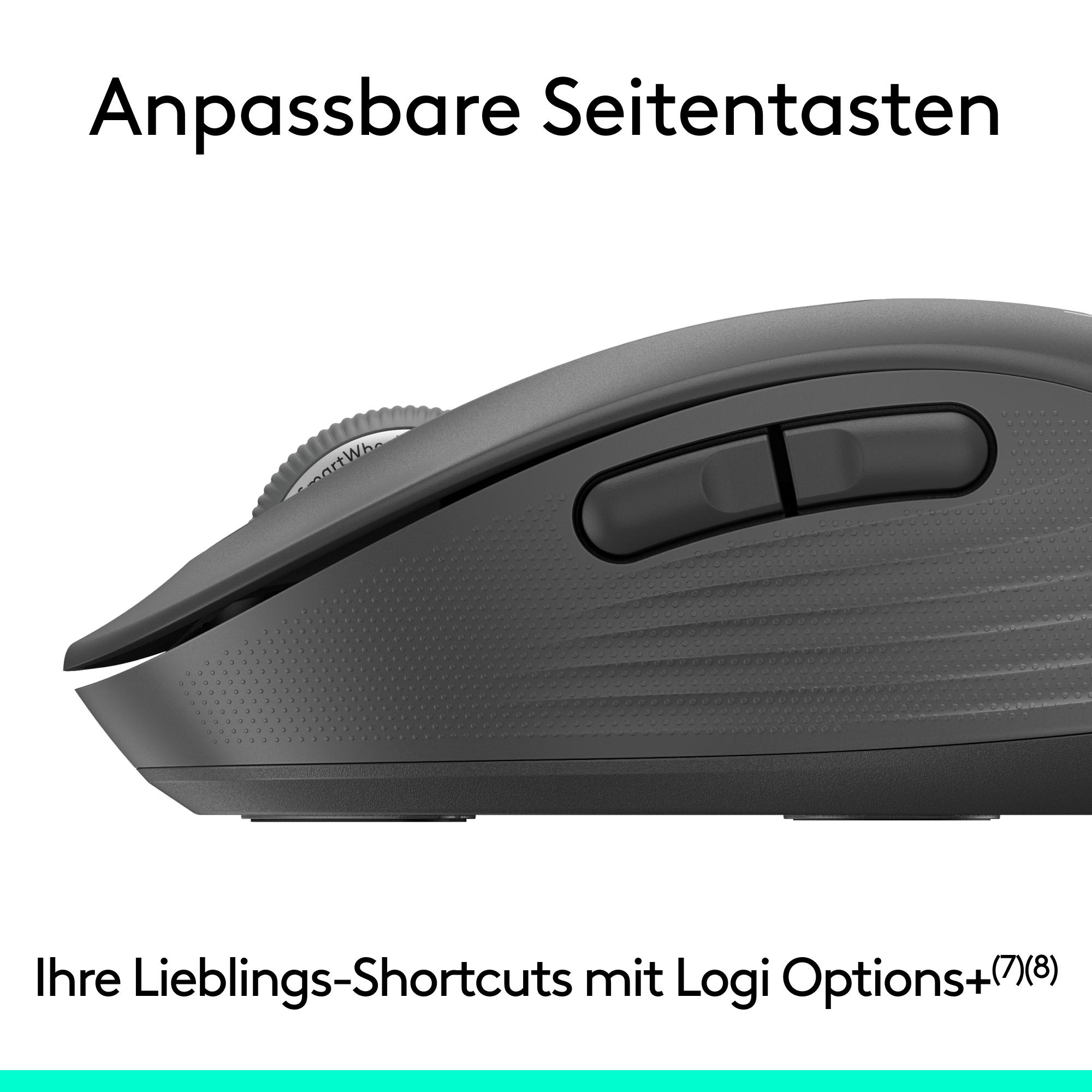Seitenansicht einer grauen Computermaus mit zwei anpassbaren Seitentasten.