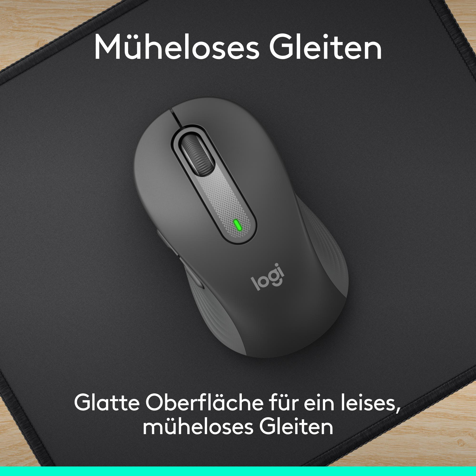Eine graue Logi-Maus auf einer schwarzen Mausmatte mit deutschem Werbetext.