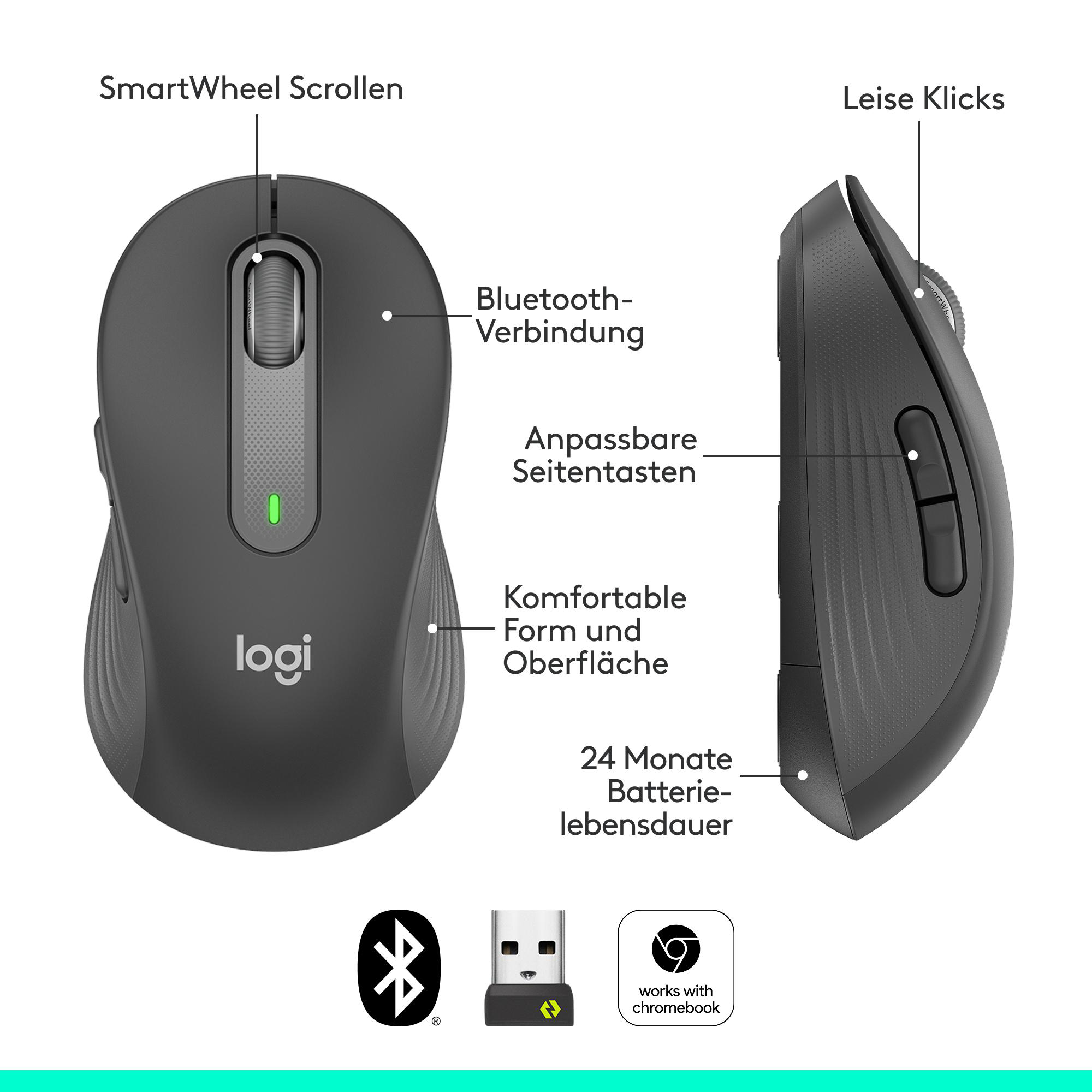 Graue Logitech-Maus mit Bluetooth, SmartWheel und Funktionstipps.