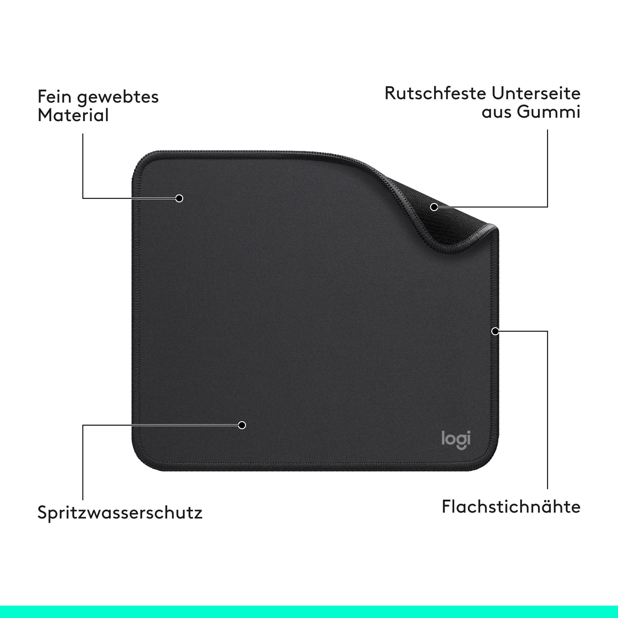 Schwarzes Logitech Mauspad mit Produktfeatures auf Deutsch beschriftet.