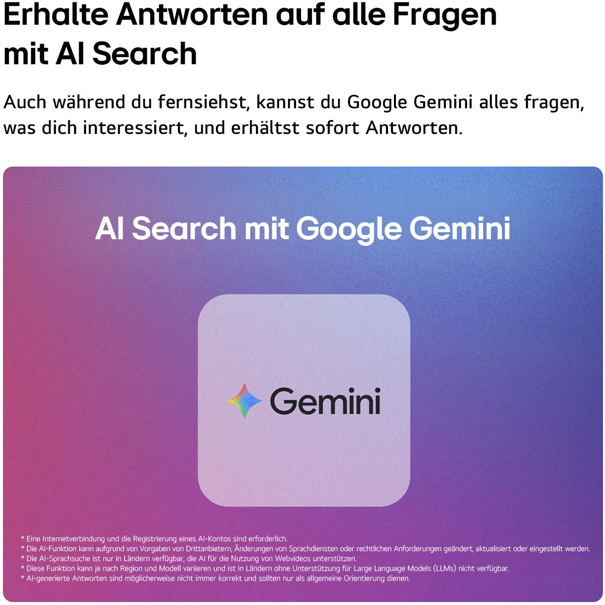 Ein Werbebild für KI-Suche mit Google Gemini, mit deutschem Text und dem Gemini-Logo auf blau-violettem Farbverlaufshintergrund.
