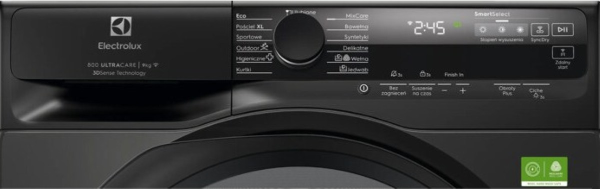 Czarny panel sterowania pralkosuszarki Electrolux z cyfrowym wyświetlaczem czasu i pokrętłem.