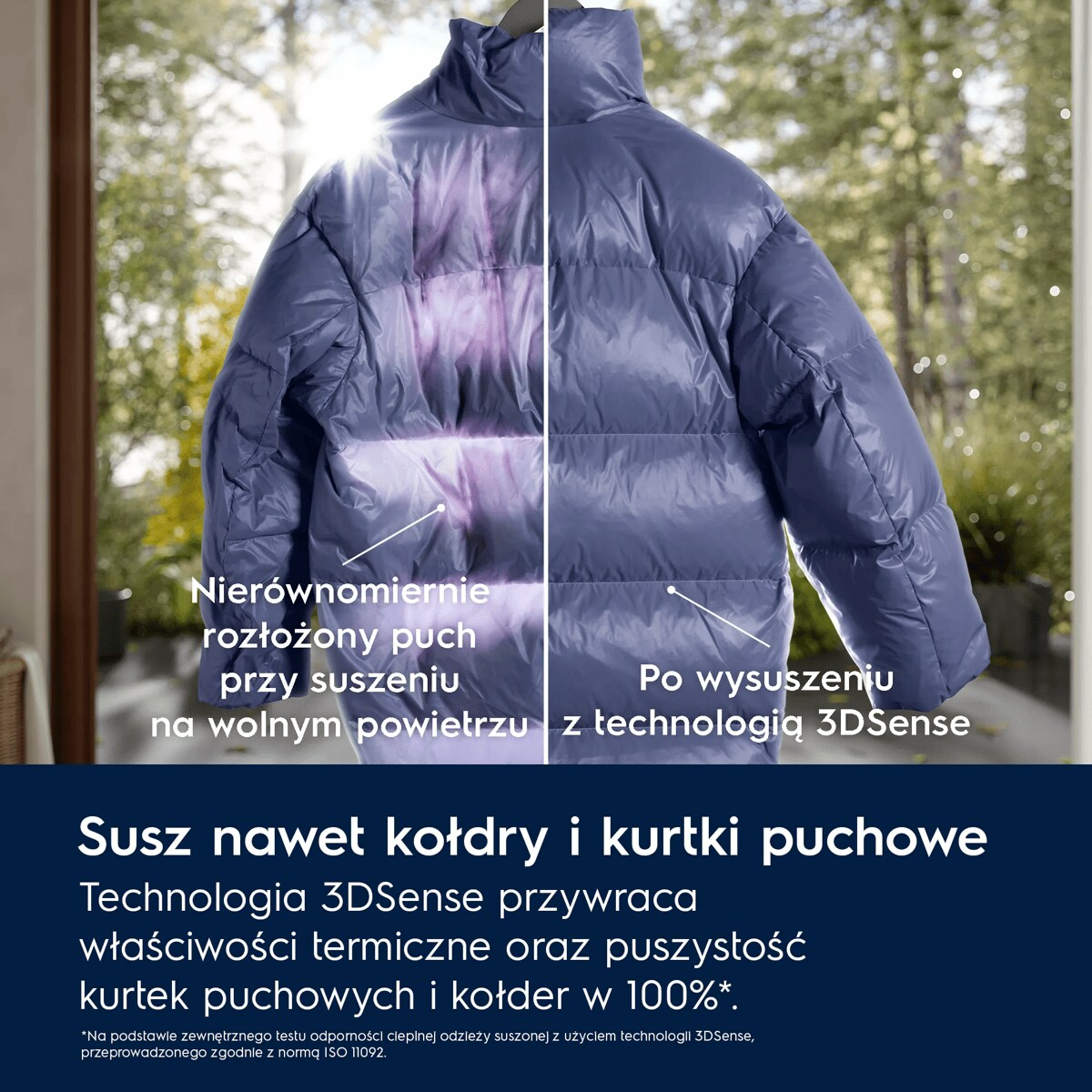 Porównanie kurtki puchowej przed i po suszeniu w technologii 3DSense na zielonym tle.