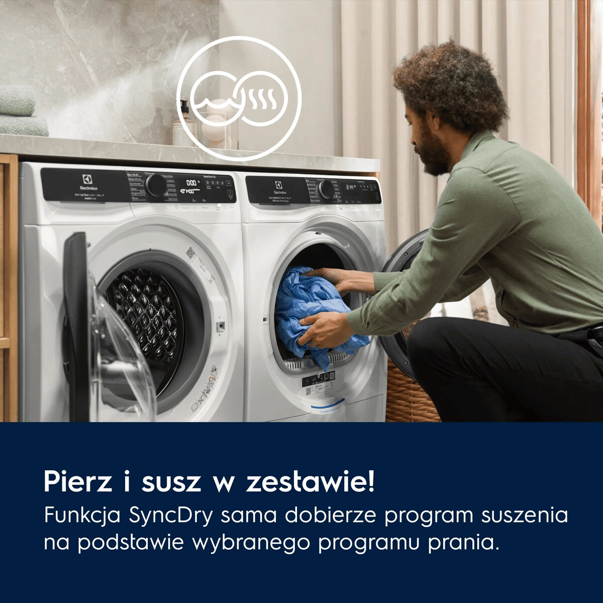 Mężczyzna wyjmuje niebieskie pranie z suszarki obok pralki.