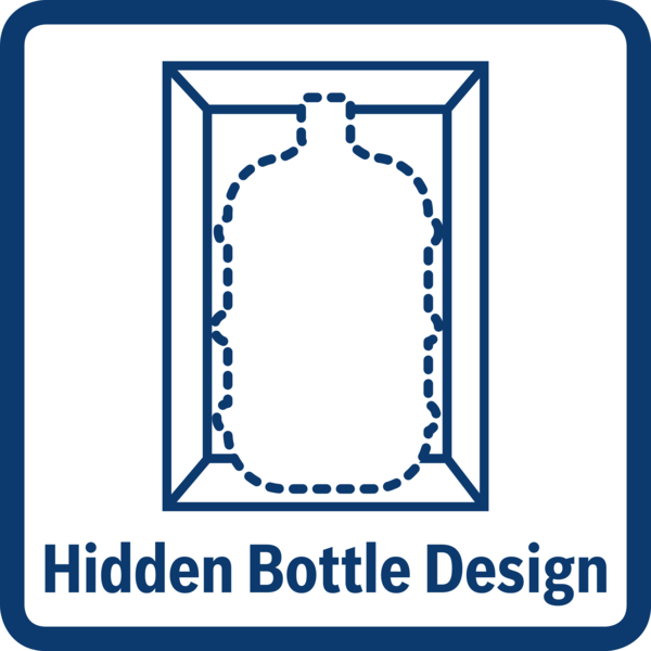 Hidden Bottle Design yazısıyla birlikte kutu içinde kesik çizgili şişe silüeti olan mavi-beyaz logo.