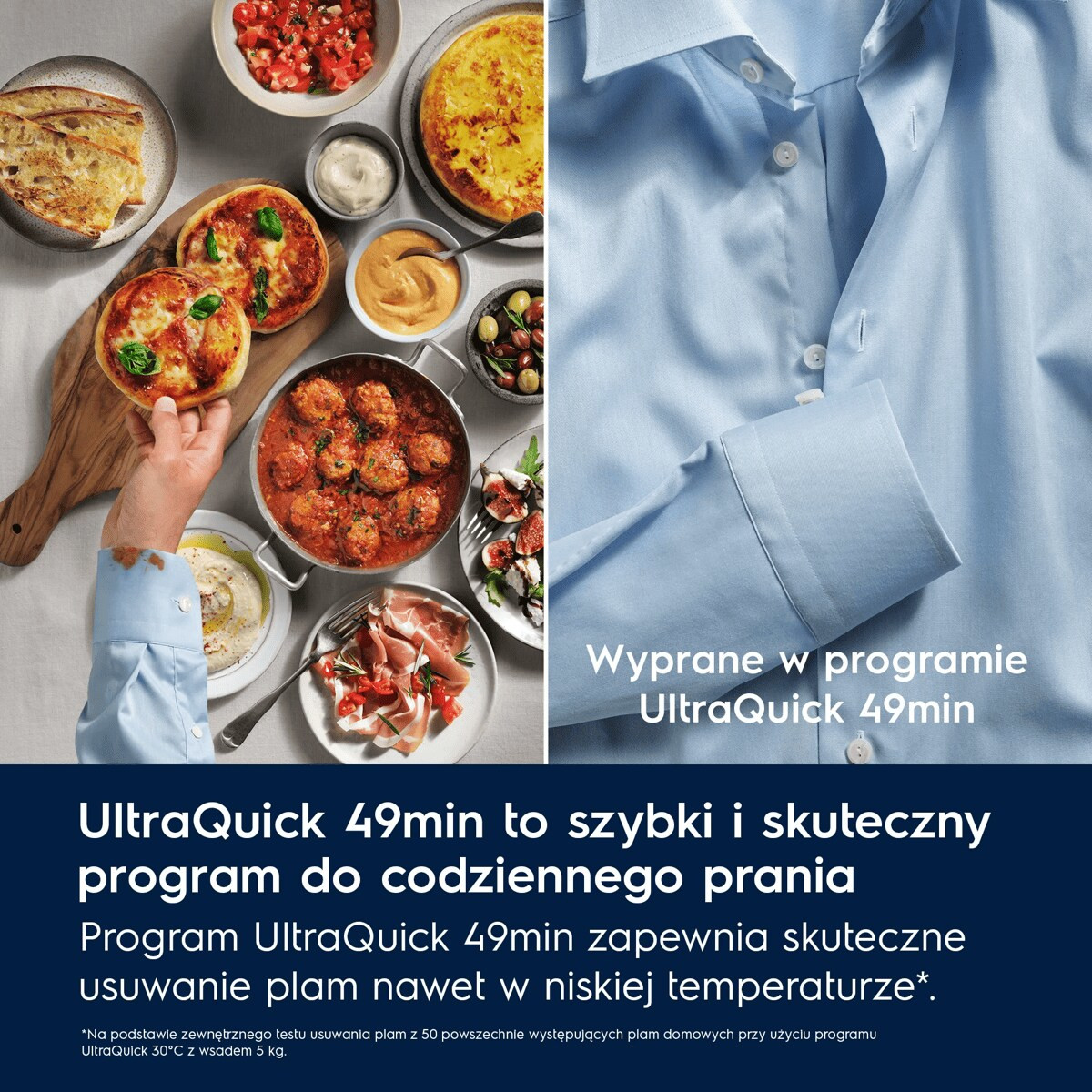 Podzielony obraz pokazuje różne potrawy tapas po lewej stronie i czystą, jasnoniebieską koszulę po prawej.
