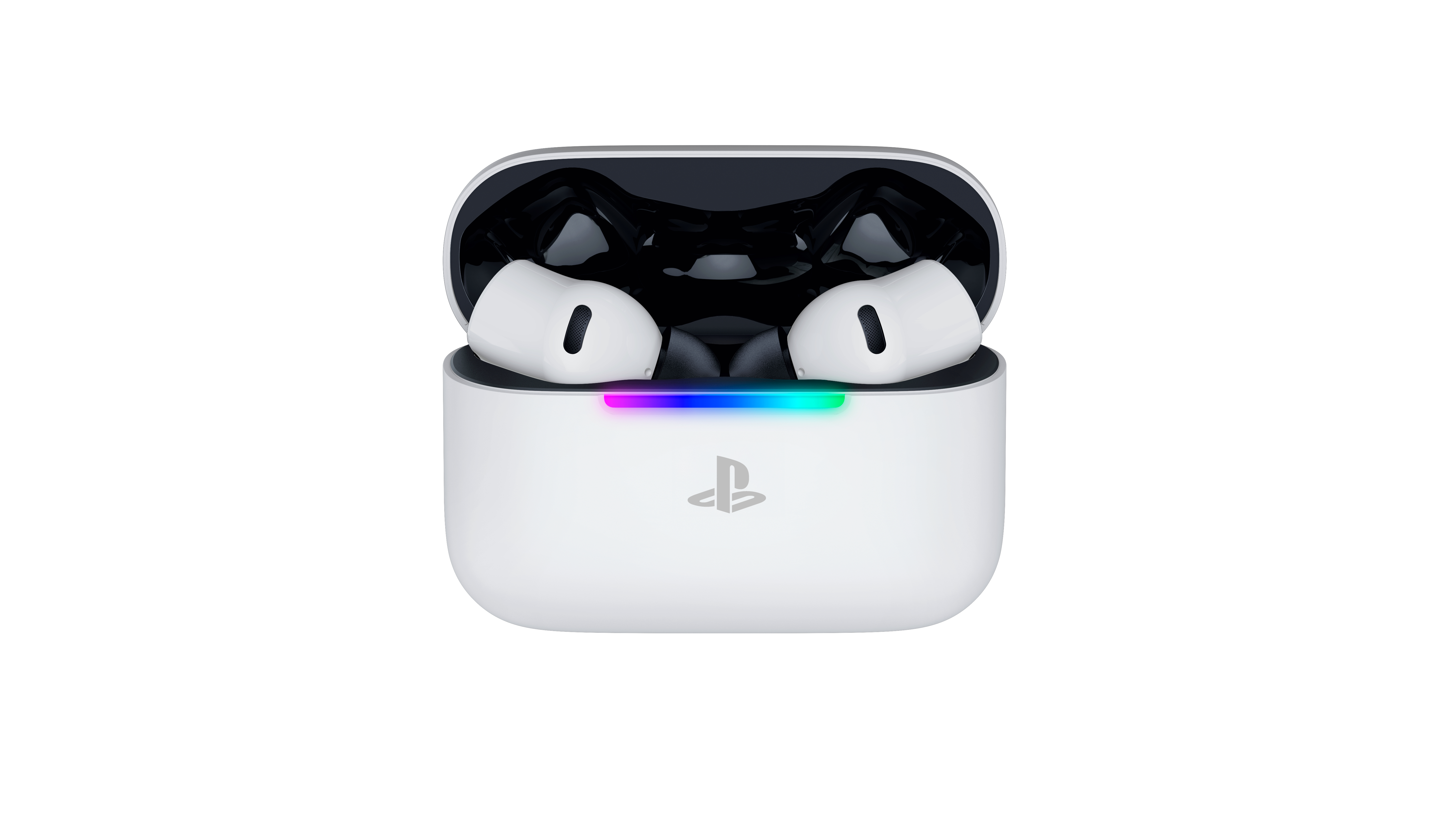 Weiß-schwarze PlayStation-Wireless-Ohrhörer in einem offenen Ladecase mit leuchtender RGB-Lichtleiste.