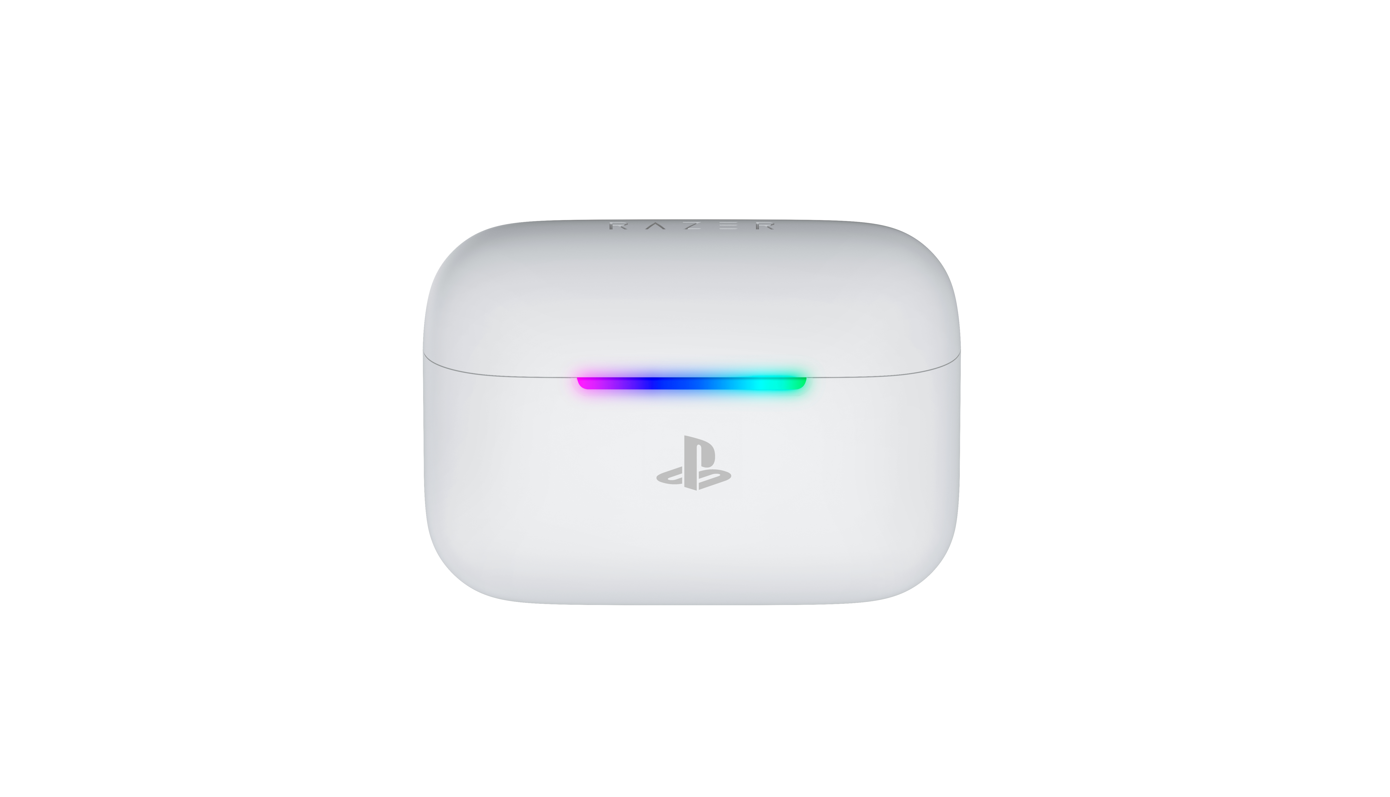 Ein weißes Razer-Ladecase mit PlayStation-Logo und bunter RGB-LED-Leiste.