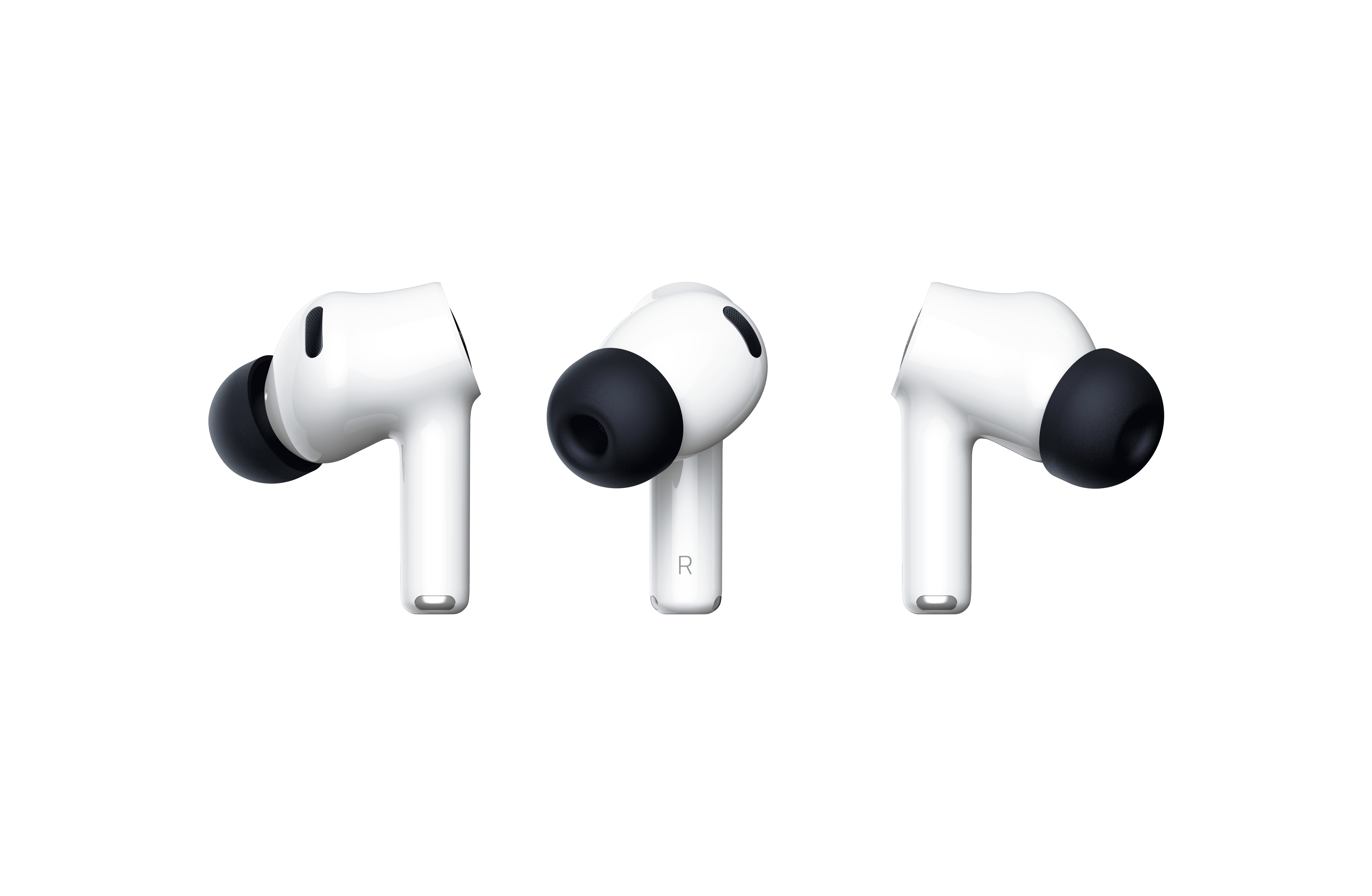 Drei weiße kabellose In-Ear-Kopfhörer mit schwarzen Silikonaufsätzen vor weißem Hintergrund.