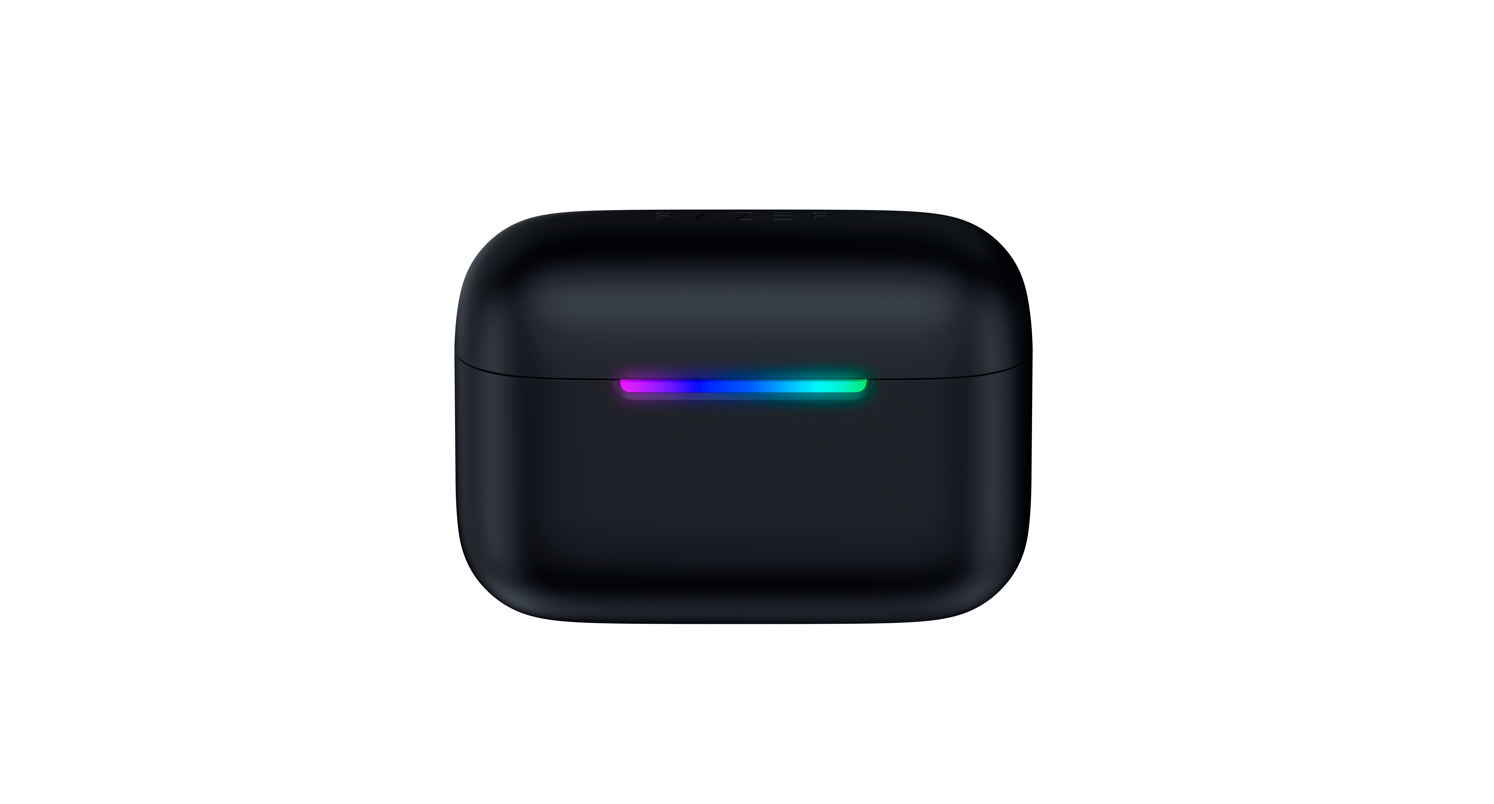 Ein schwarzes Ladecase für Ohrhörer mit einer bunten RGB-LED-Leiste vorne auf weißem Hintergrund.