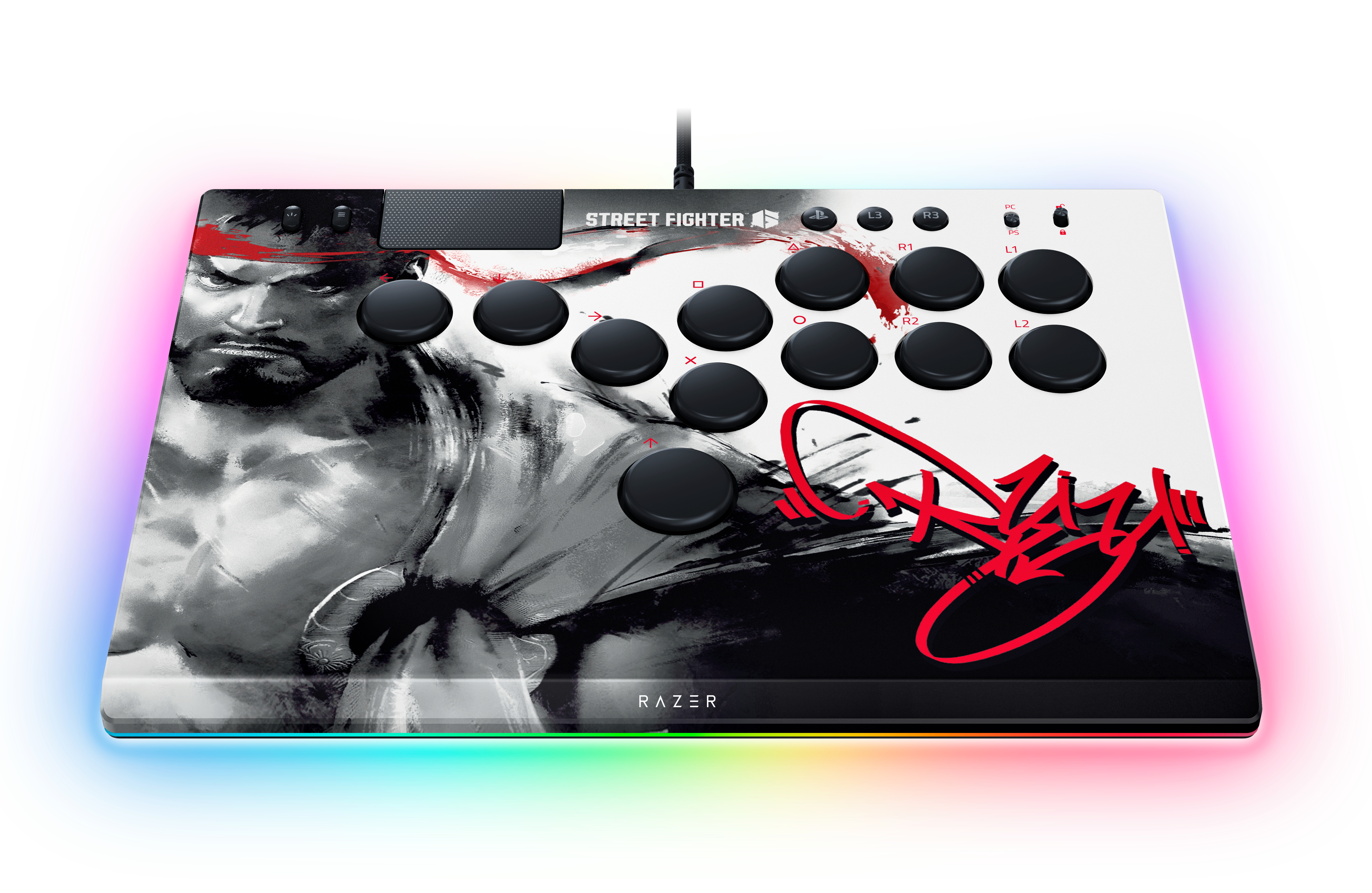 Razer Street Fighter Arcade-Stick mit schwarzem Ryu-Artwork, bunten LED-Lichtern und runden schwarzen Tasten.
