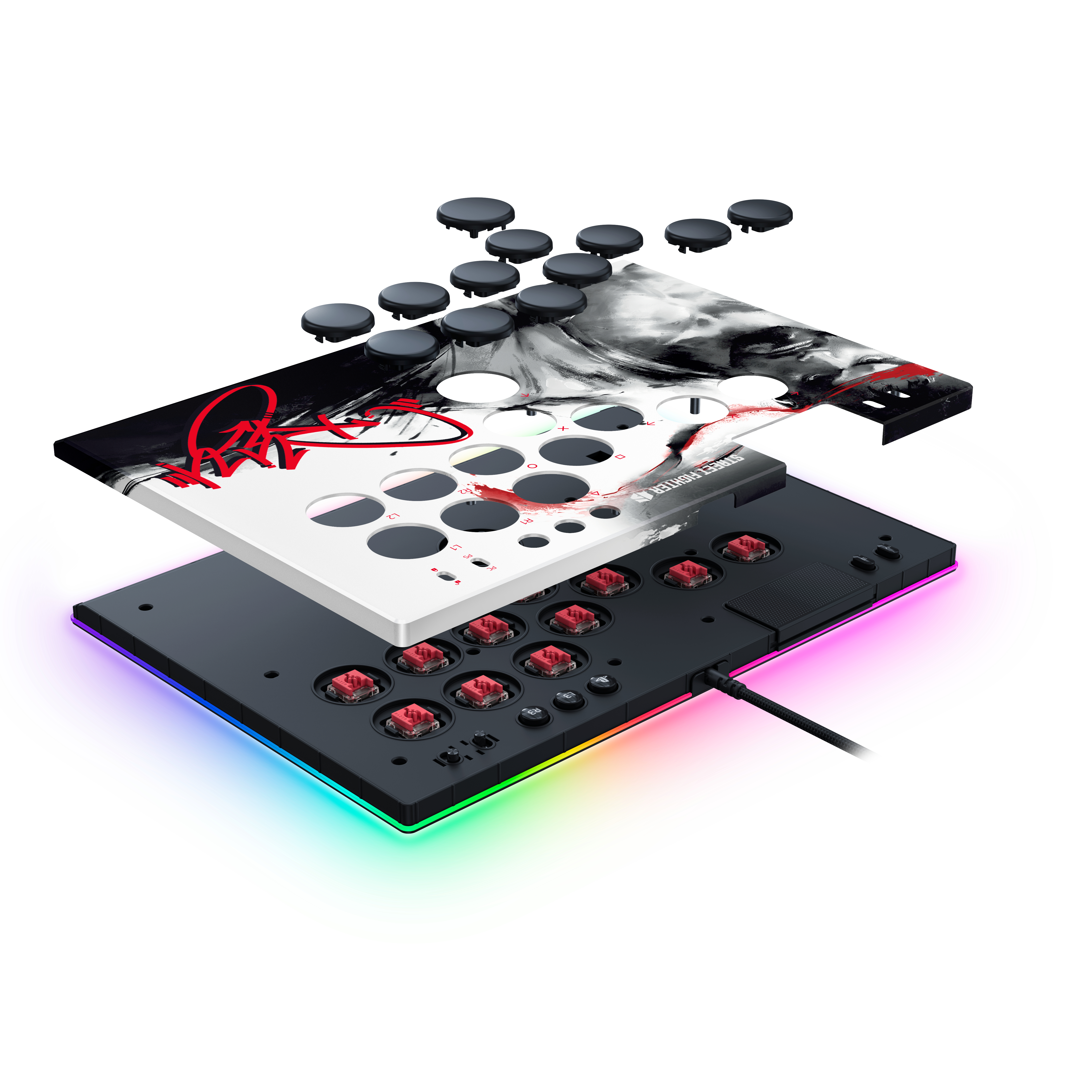 Demontierter Gaming-Controller mit roter RGB-Beleuchtung, mechanischen Switches und abgenommener Kunst-Platte.
