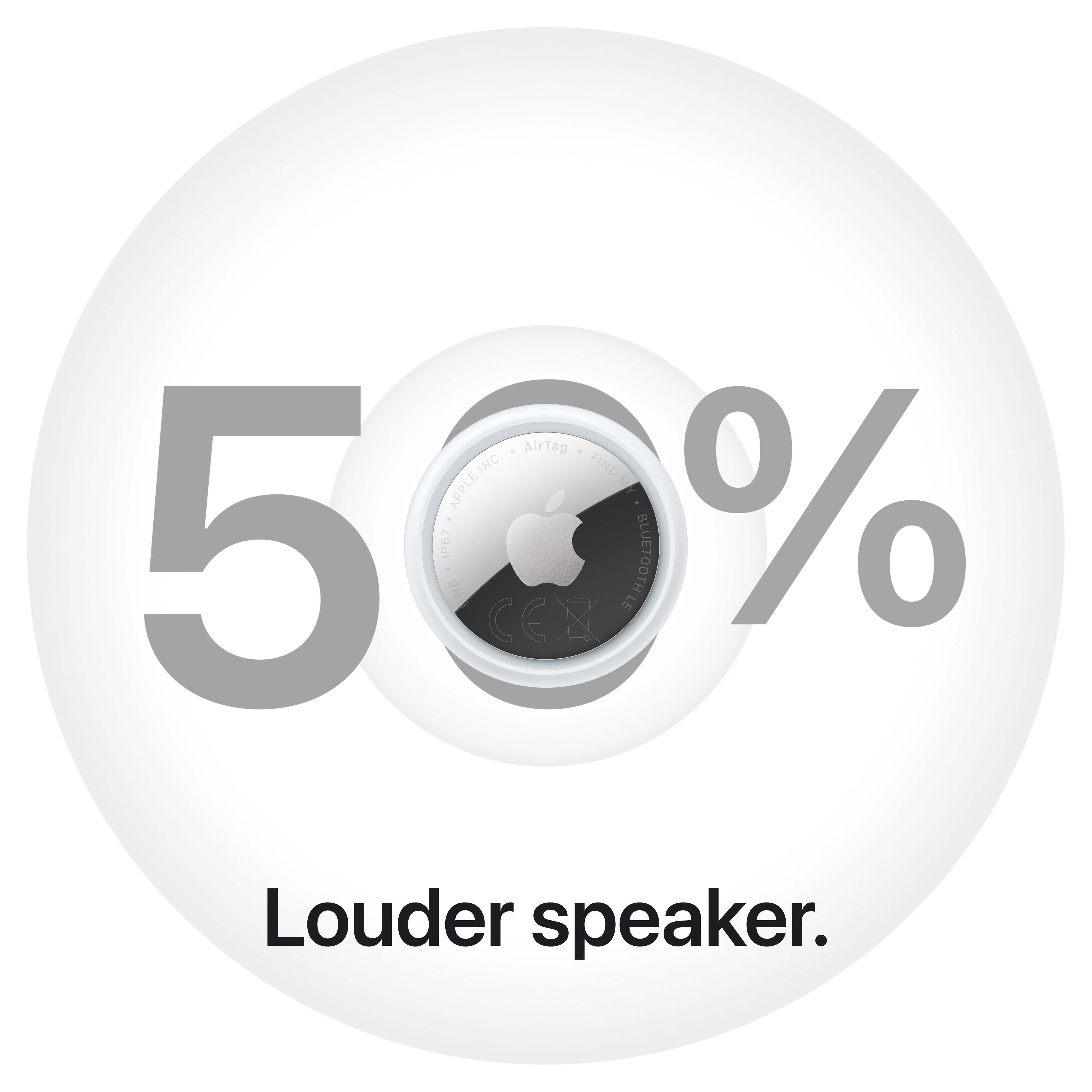 Eine weiße Werbegrafik mit 50 Prozent Text um einen Apple AirTag und dem Text Lauterer Lautsprecher.