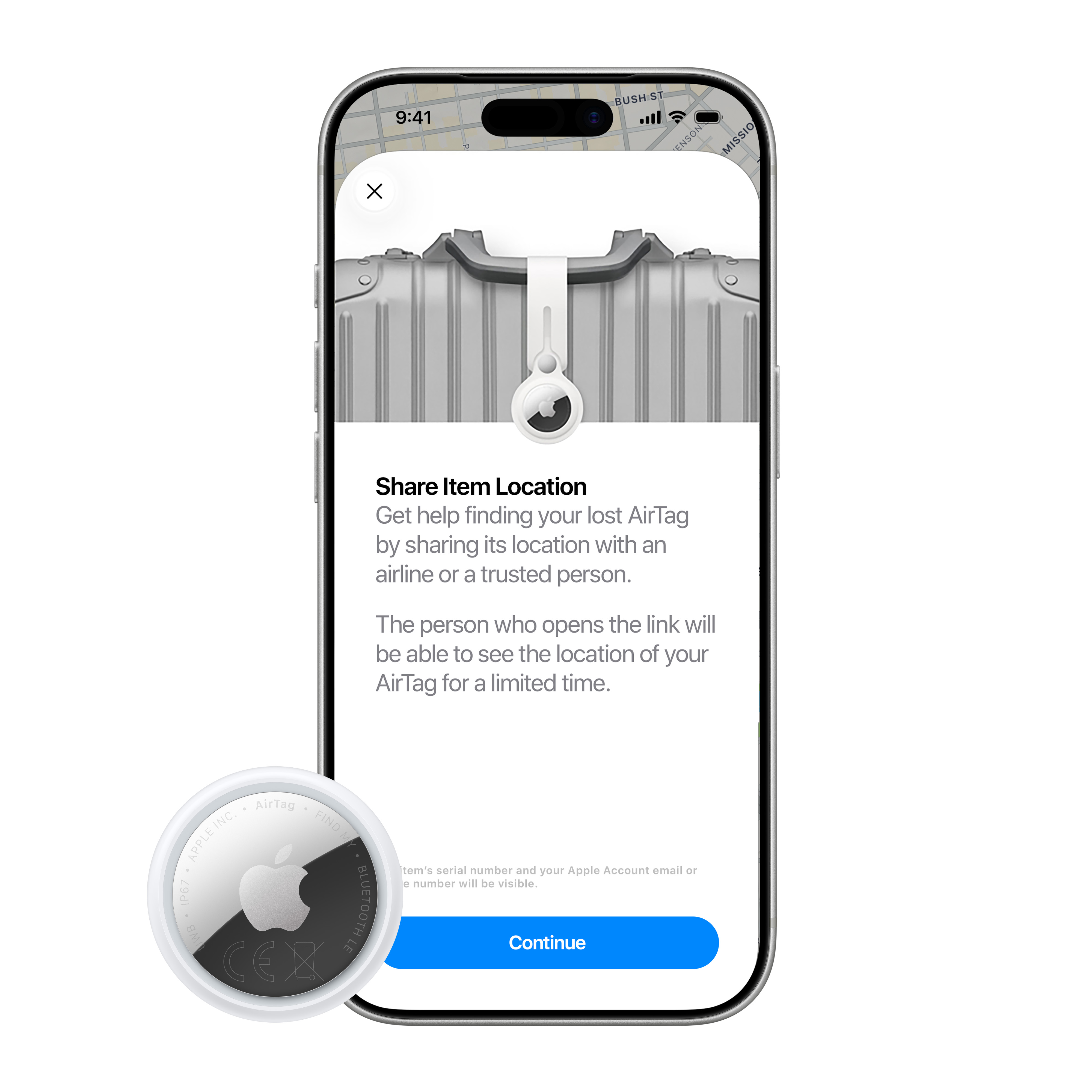 Smartphone-Bildschirm zeigt die Funktion "Artikelstandort teilen" für ein Apple AirTag.